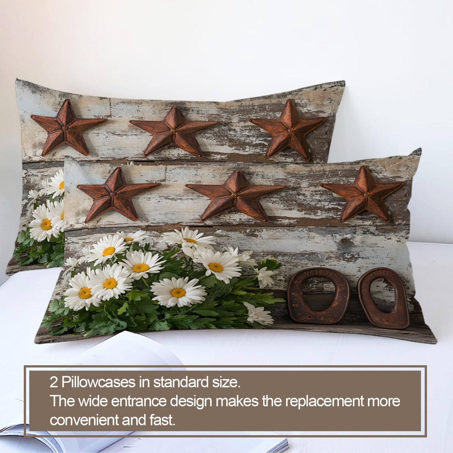 GKPLY Rustic Daisies Bedding Duvet Cover, Farmhouse Star Comforter Set with Zipper, Vintage Floral Duvet Cover Queen, 3 Pieces Countryside Bedding, 2 Pillowcases