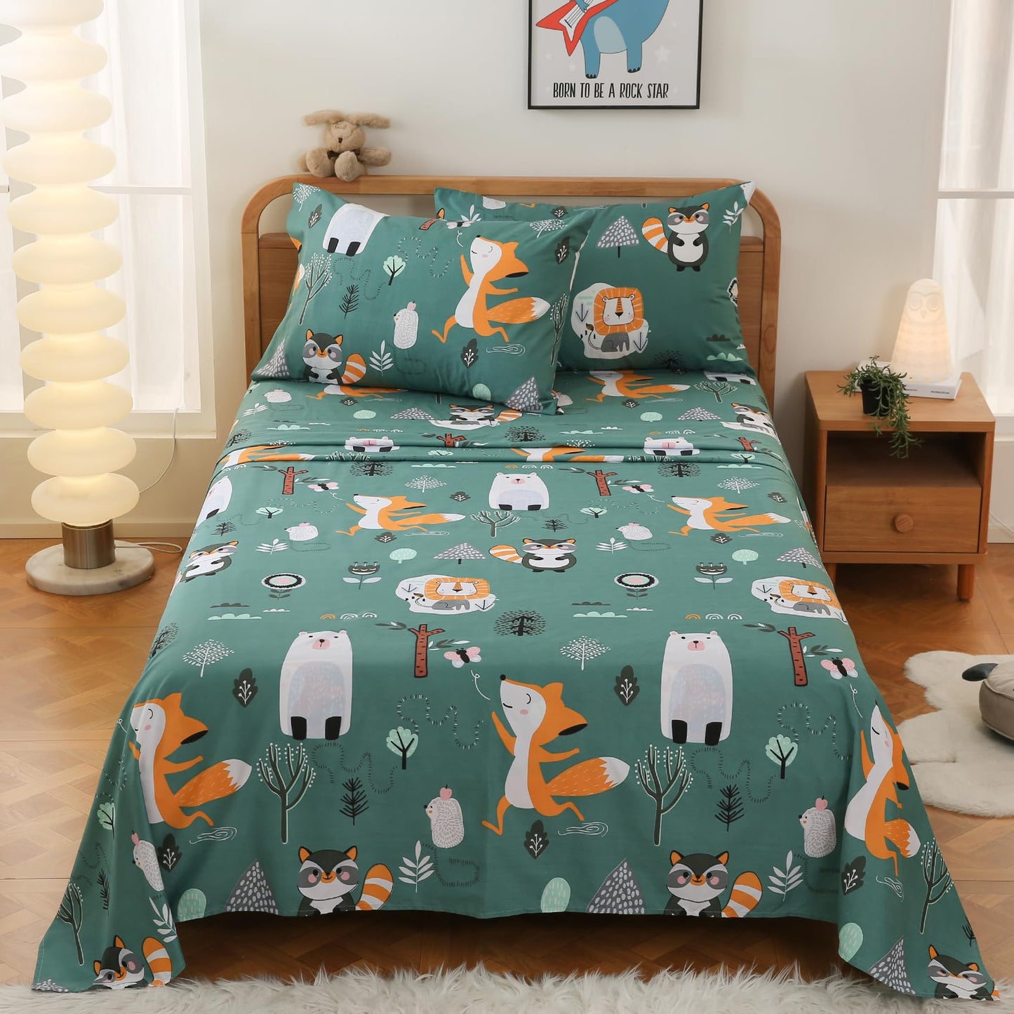 JSD Green Forest Animals Kids Sheet Set Twin Size, 3 Piece Woodland Printed Microfiber Bed Sheets Deep Pocket