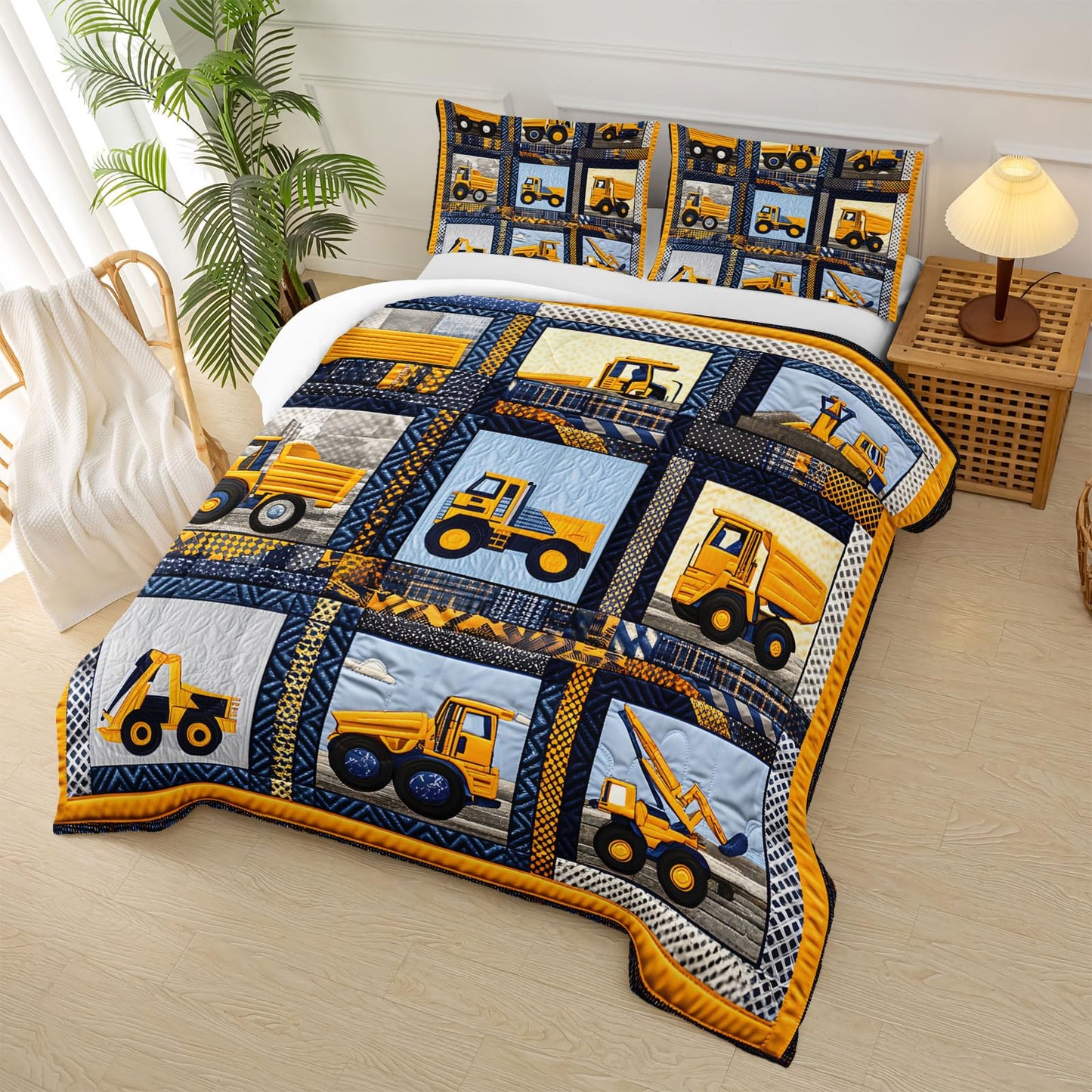 lneffble Kids Excavator Comforter Set Twin,Boys Construction Bedding Set,Yellow Vehicles Excavator Tractor Print Bedding Set,Soft Microfiber Cartoon Truck Quilt Set for Room Decor