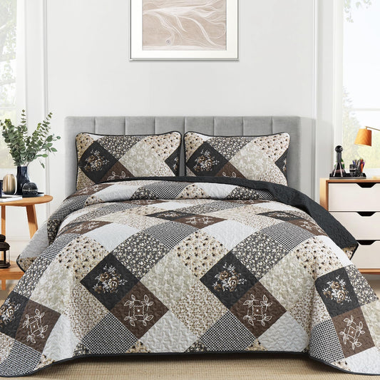 Dinjoy Black Brown Quilt Set King Size,Reversible Floral Plaid Patchwork Pattern Bedding Set Soft Microfiber Lightweight Bedspread Coverlet 3 Piece Spring Summer Use (110"×90")