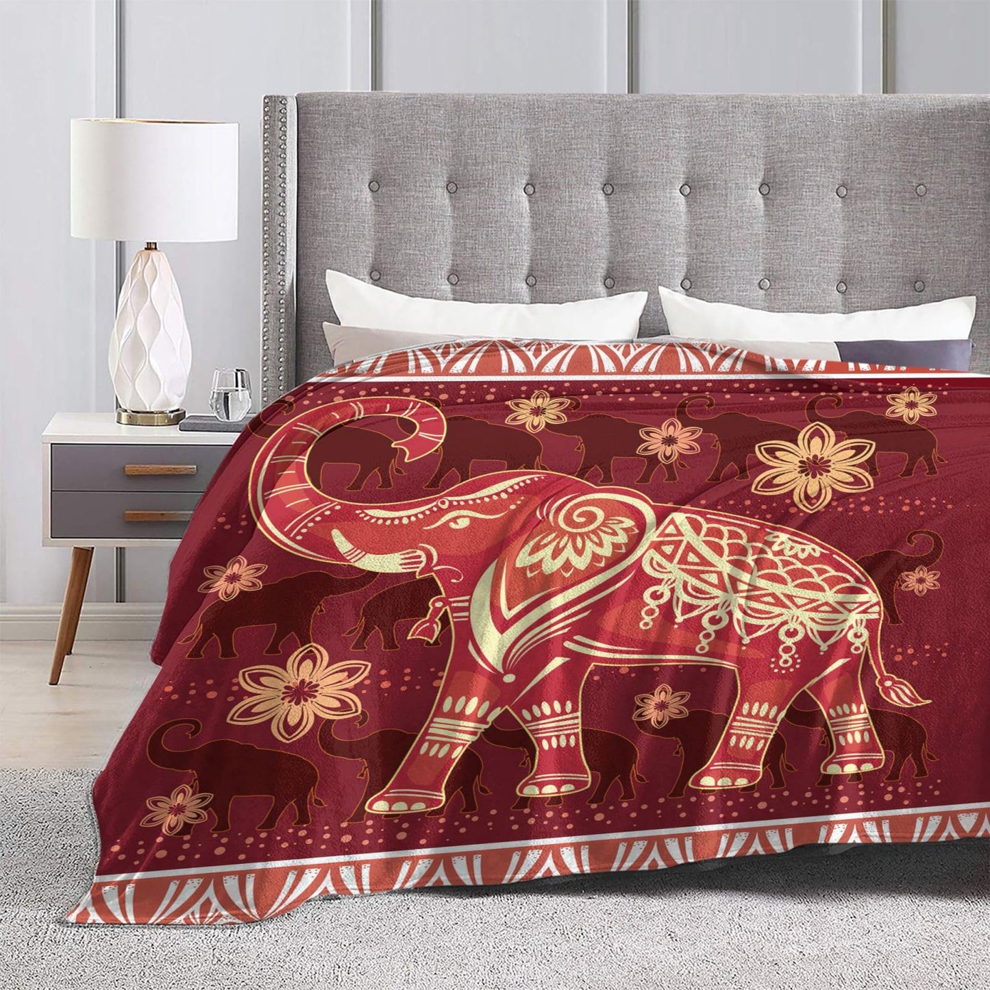 SweetFox Elephant Blanket Red Boho Elephant Decor Throw Blanket Gifts for Girls Boys Super Warm Soft Plush Lightweight Fleece Flannel Winter Couch Bedding Blankets for Kids Adults Women Men 50"X40"