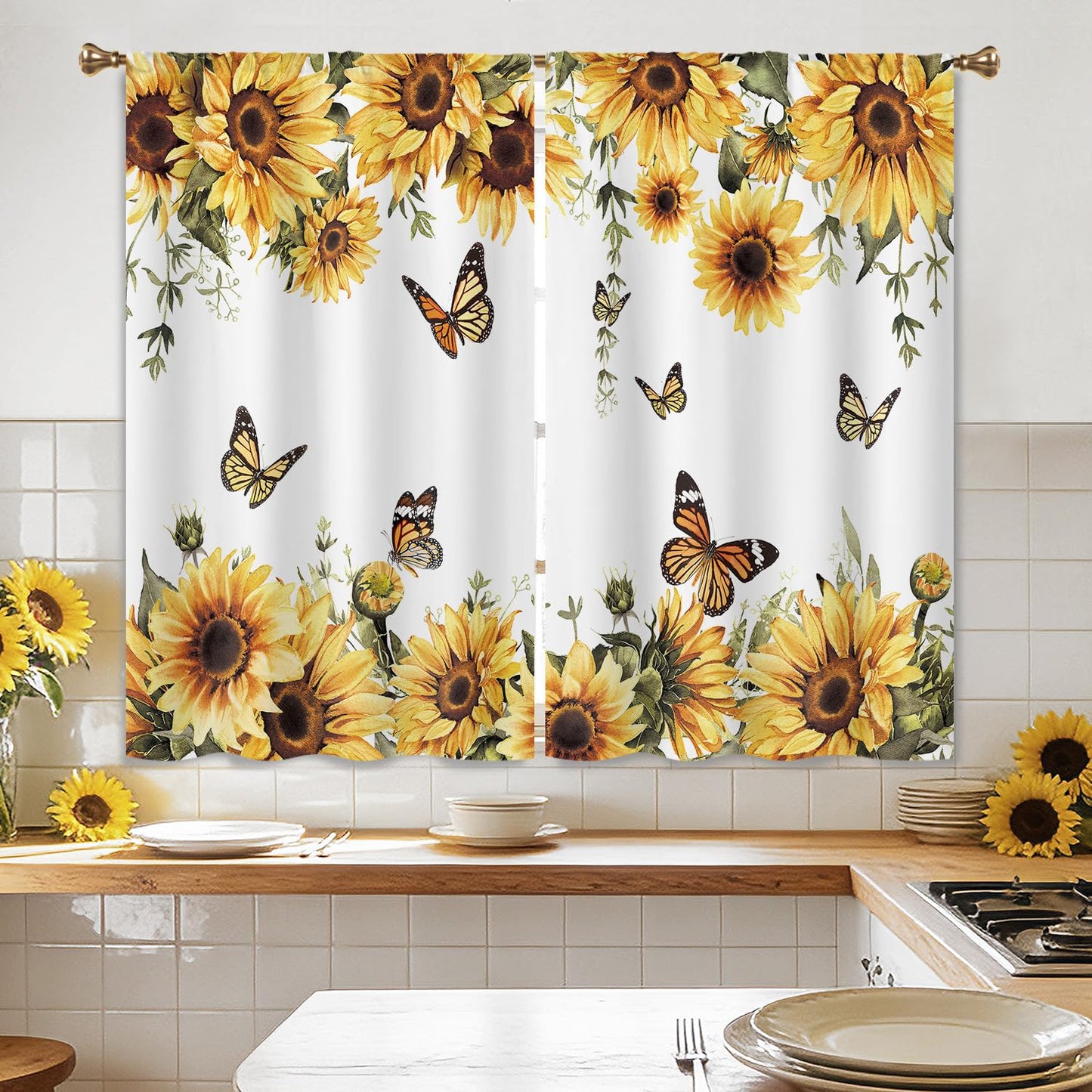Cizuug Sunflower Yellow Floral Kitchen Curtain Rustic Country Flower Butterfly Farmhouse Over Sink Small Short Cafe Tier Bright Window Drapes Bathroom Home Decor 2 Panels