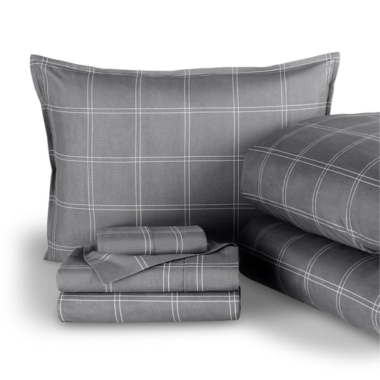Bare Home Bedding Set 4 Piece Comforter & Sheet Set - Twin XL - Track Stitch - Goose Down Alternative - Ultra-Soft 1800 Premium Bed Set (Twin XL, Modern Plaid - Grey/White)