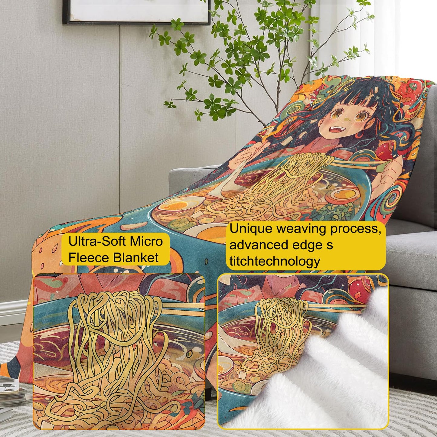VANZEV Ramen Girl Blanket Gifts for Anime Fans Women, Anime and Foodie Flannel Blanket, Soft Warm Lightweight Throw Blankets for Bed Couch Home Travel Decor 50" x 60"