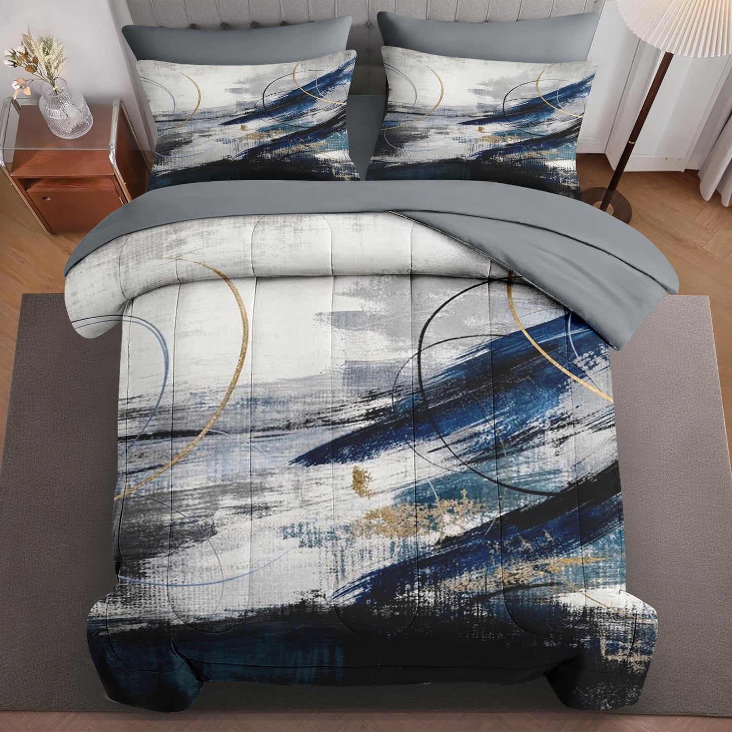 Boewywh Comforter Set Twin Size Abstract Modern Navy 7 Pcs, Bedding for Kids and Adults, Bed Sheet Sets with Fitted Sheet 2 Pillowcases & 2 Shams for Bedroom Bed Decor