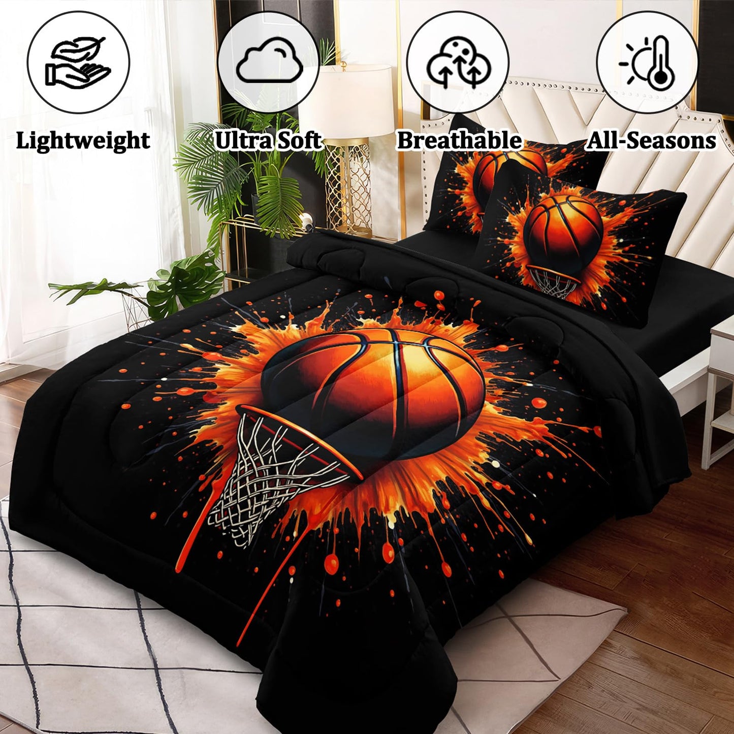 HICAND 5 Pcs Basketball Full Bedding Set for Boys Teens, Full Size Sports Cool Basketball Boys Comforter Set with Sheets