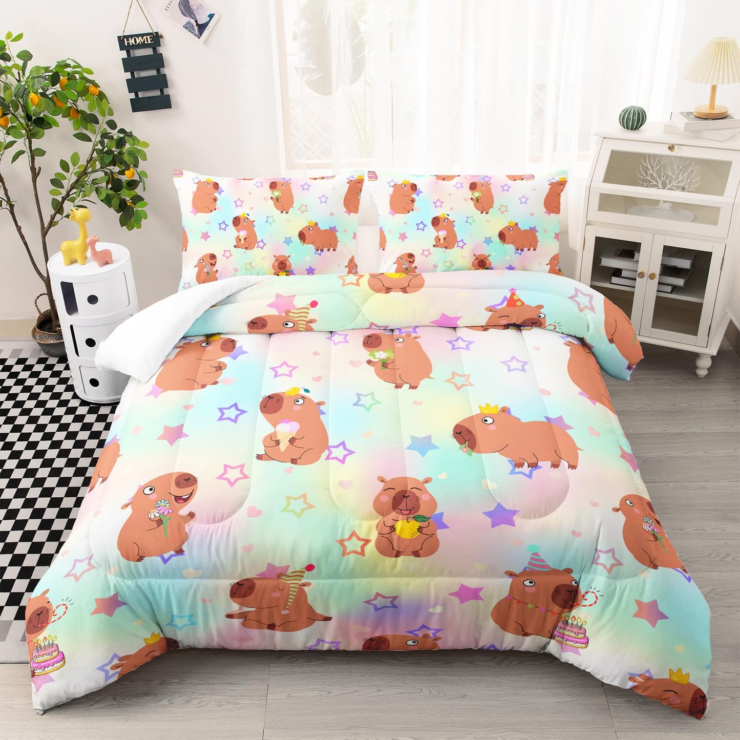 AILONEN Kawaii Capybara Comforter Set Queen Size,Cute Cartoon Capybara Rainbow Bedding Set for Girls Kids,Lovely Animal Star Quilt & 2 Pillowcases-3 Pieces