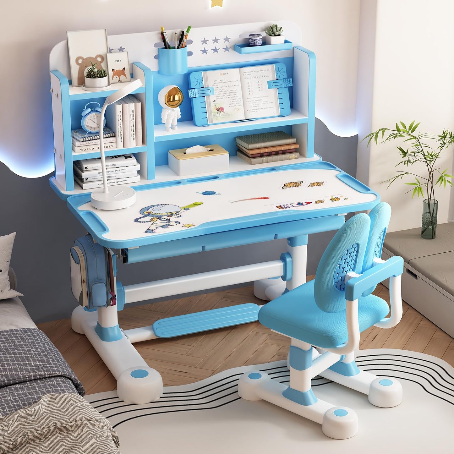 sexaoalx Height Adjustable Study Desk Chair Set for Kids, Children School Study Table Chair Set with Sitting Corrector, Ergonomic Desk Chair with Book Stand, Foot Pedal, Partition Design 2Pcs/Set (P