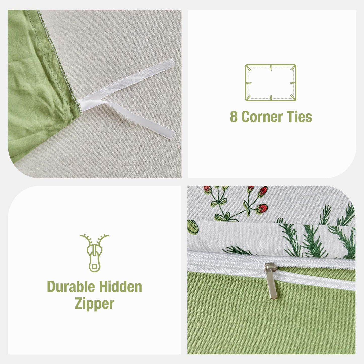 Lekesky King Size Duvet Cover Set, Lightweight Soft Microfiber Comforter Cover, Reversible Duvet Cover King with Floral Pattern, 3 Pieces Green Bedding Set with Zipper and 2 Pillowcases