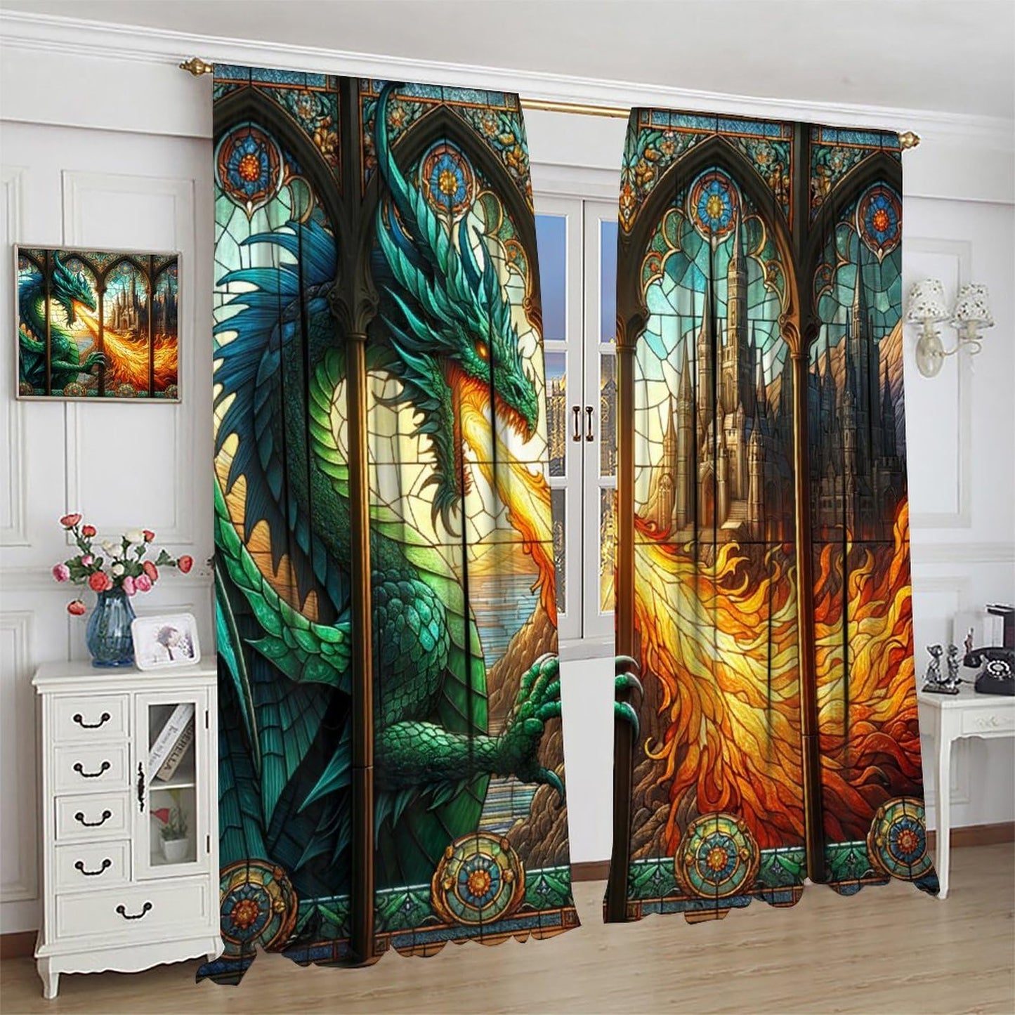 FengMingRui Stained Glass Curtains Western Monon Dragon Castle Abstract Geometry Window Treatments for Boys Girls Bedroom Game Room Window Drapes 42" W X 45" L