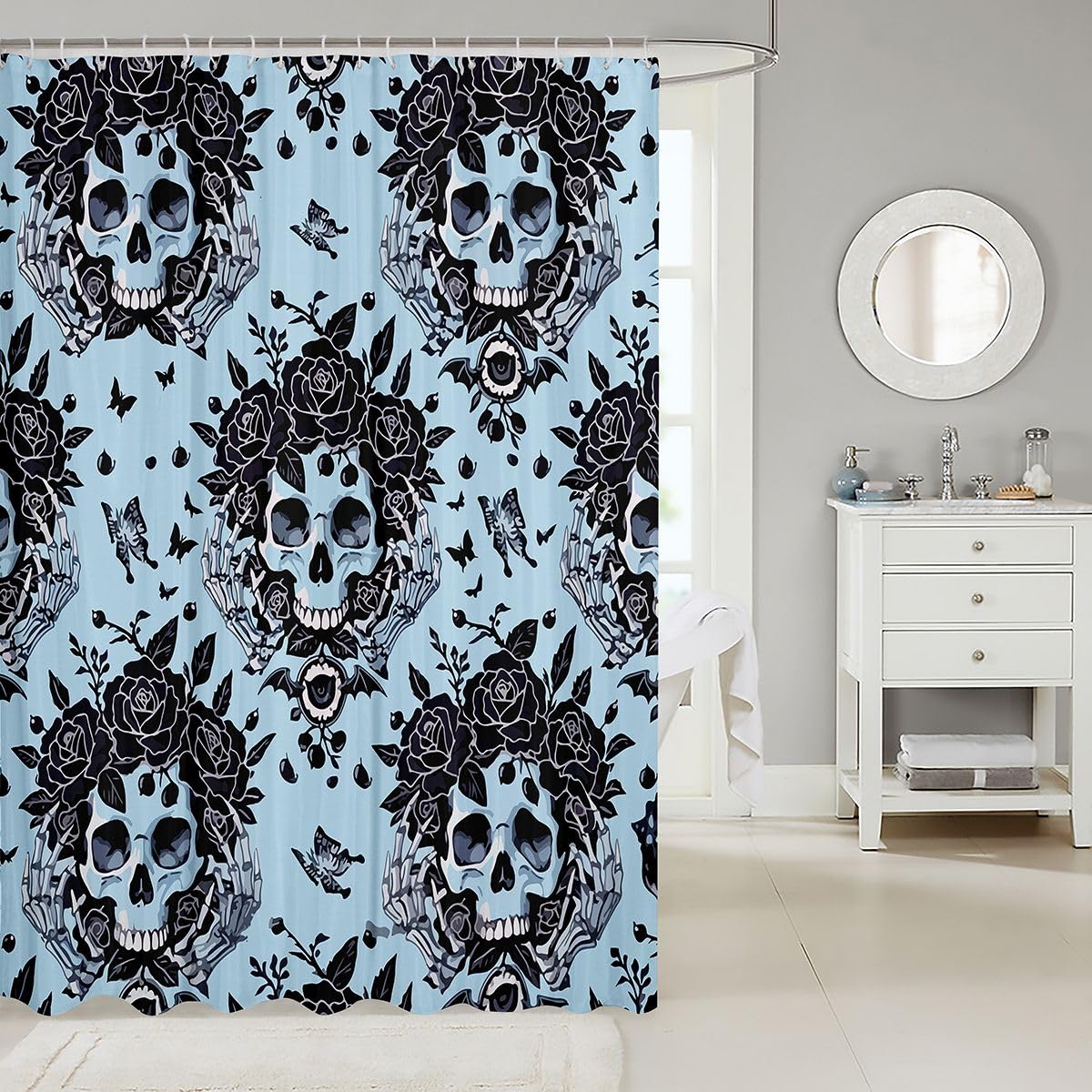 Erosebridal Goth Skull Shower Curtain Gothic Rose Bath Curtain Kids Adults Artistic Black Butterfly Bathroom Accessories Halloween Skeleton Hands Fabric Shower Curtains 72" Wx78 L