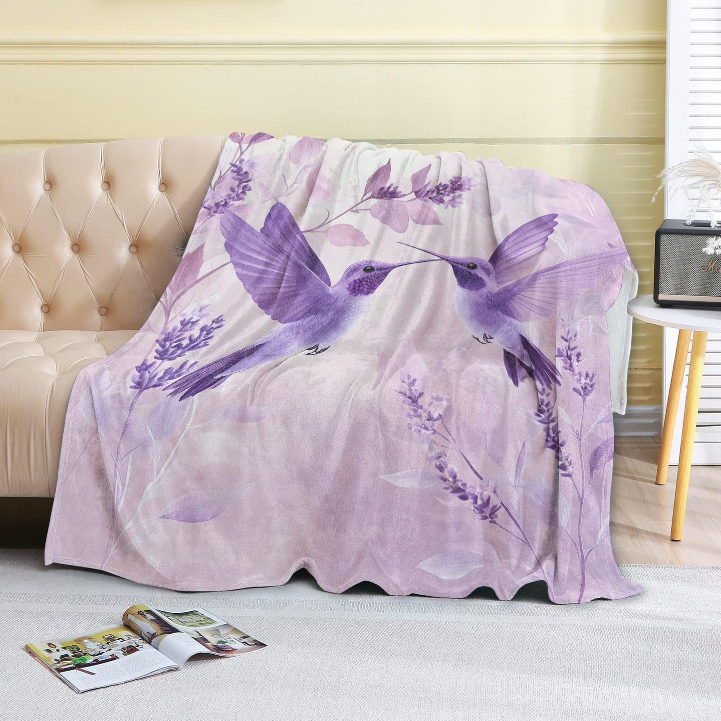 coedoaes Purple Hummingbird Fleece Blanket - 50x60in Cute Bird and Lavender Floral Throw Blankets,Soft Cozy Lightweight, Ideal for Living Room Home Rustic Decor and Kids Women Girls Spring Gifts
