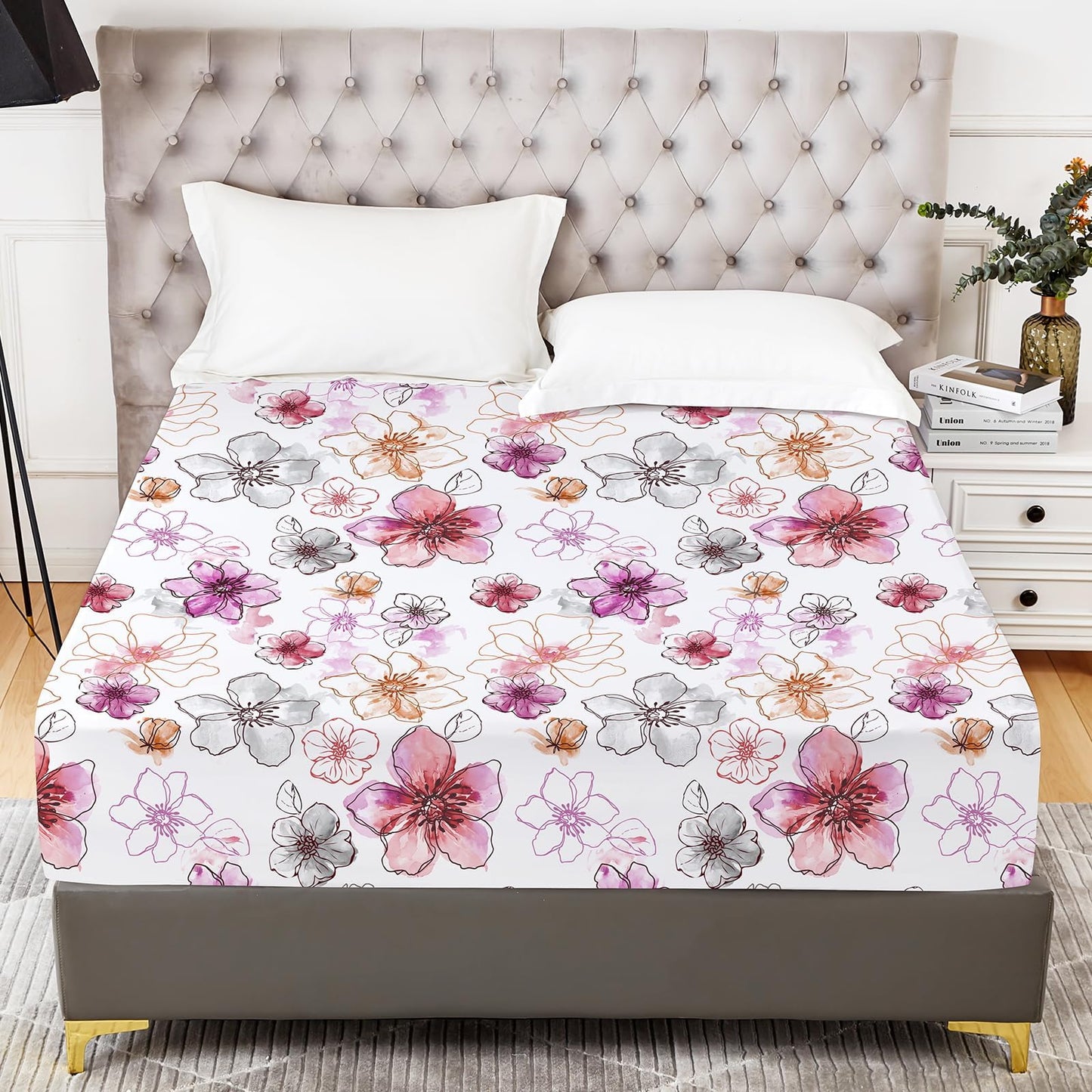 YIYEA Floral Fitted Sheet Only, Premium Double Brushed Microfiber Deep Pocket Fitted Sheet Queen Size, Ultra Soft Fitted Bottom Sheet, Shrinkage, Fade Resistant, Queen