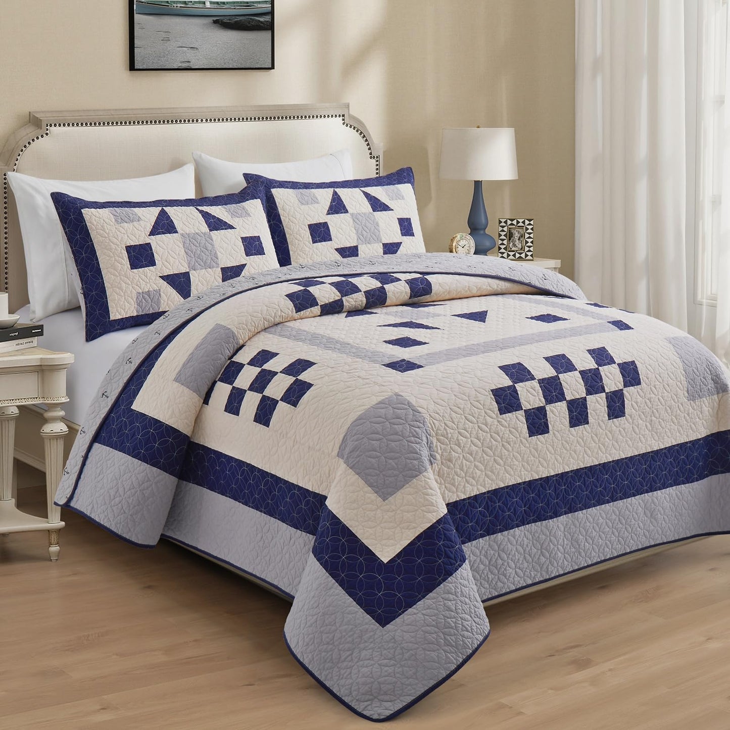 HUANXULISI California King Quilt, Navy Blue Grey, 118x102 Inch