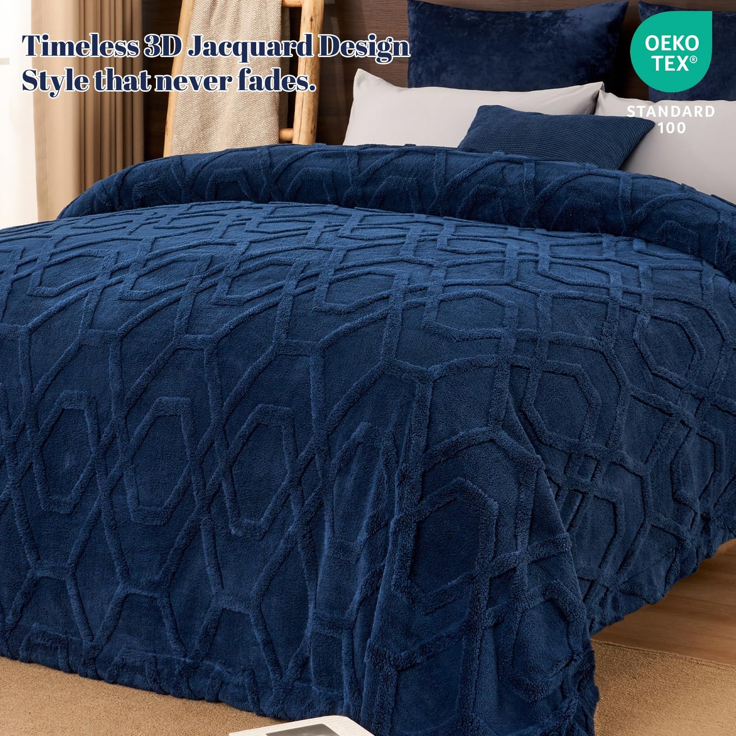 PHF Fluffy Sherpa Fleece Blanket Queen Size for Winter, Warm and Cozy, 510GSM 3D Tufted Shaggy Fleece Blanket for Sofa Bed, Navy Blue, 90"x90"