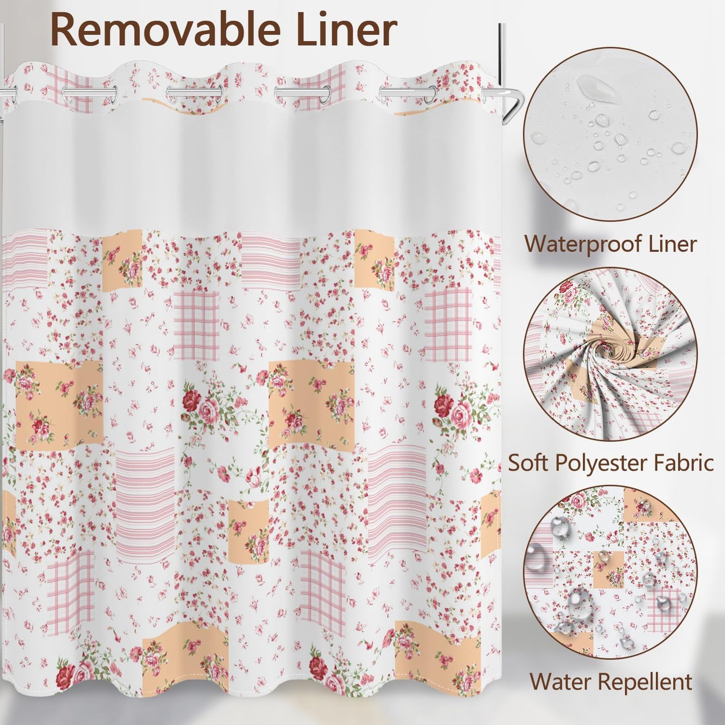 No Hook Shower Curtain with Snap in Fabric Liner Set, Waterproof & Washable, Patchwork Pink Rose Floral Shower Curtains for Bathroom, Farmhouse Rustic Flower Bathroom Curtain, House Gift, 71x74 inch