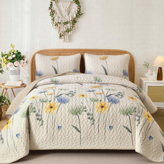 DinjoyBeige Quilt Set Queen,3 Pieces Colorful Floral Printed Bedspread Set,Soft Microfiber Reversible Bedding Coverlet for All Seasons