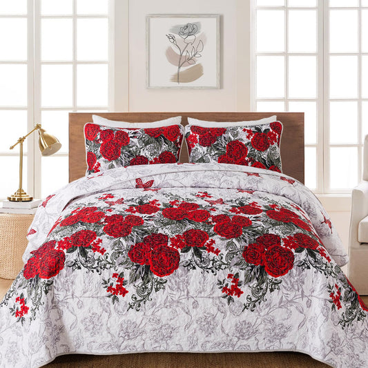 Yiran Red Floral Bedspreads Queen Size Rose Flowers Quilt Bedding Set 3 Pieces Lightweight Microfiber Botanical Coverlet with 2 Pillow Shams for All Season 96x90 Inch