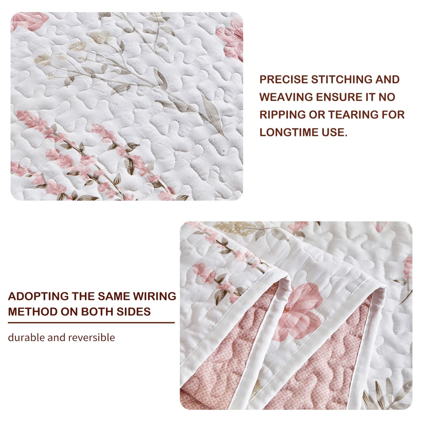Joyreap 3 Pieces Cotton Quilt Set for Girls, Queen Size Pink Floral Design, Cozy Lightweight Quilt Bedspread Bed Cover for All Season, 1 Quilt and 2 Pillow Shams- 90x90 inches