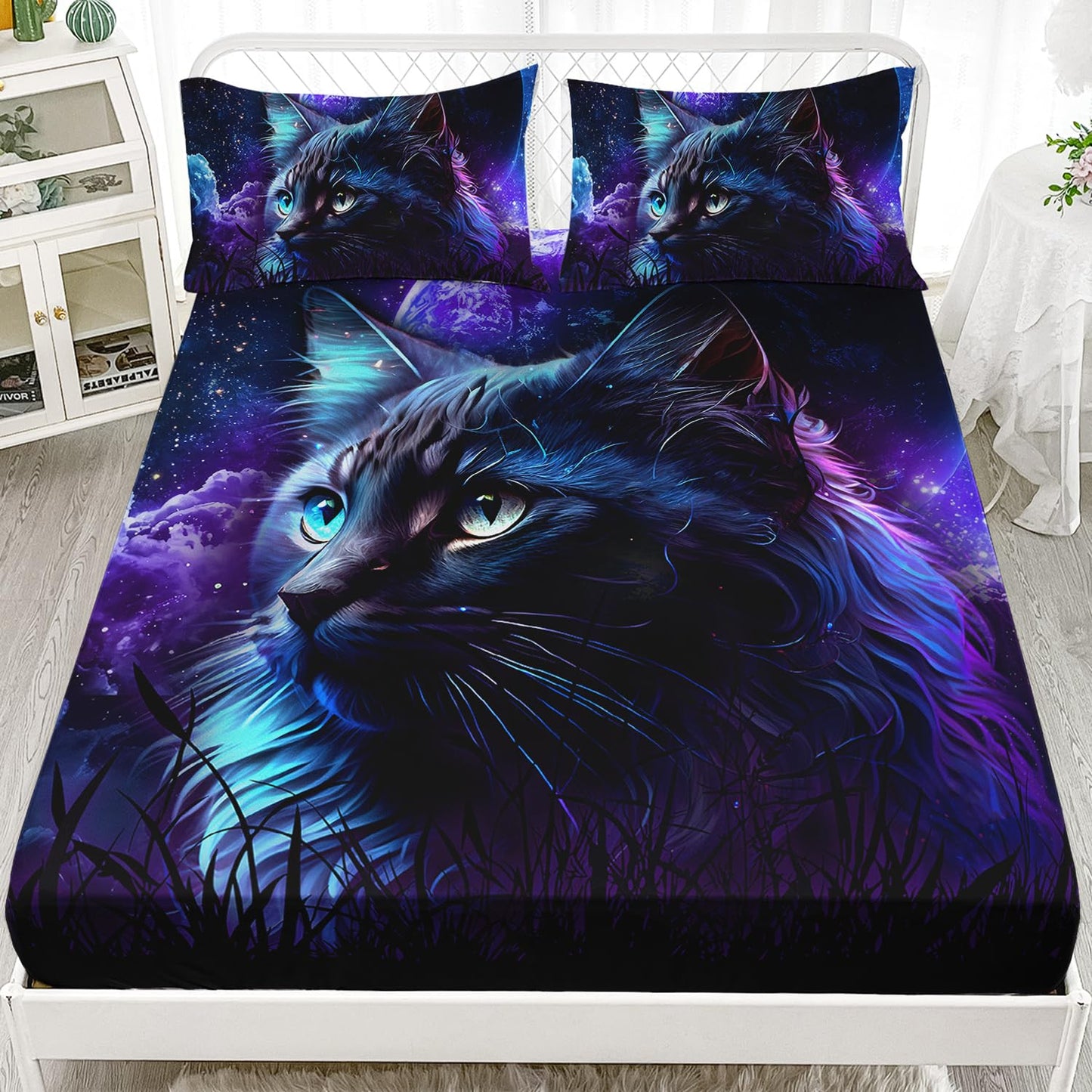 AILONEN Space Cat Bedding Set Twin XL Size,Blue Black Starry Planet Kitten Kids Sheet Set,3Pcs Animal Themed Soft Fitted Sheet with 2 Pillowcases
