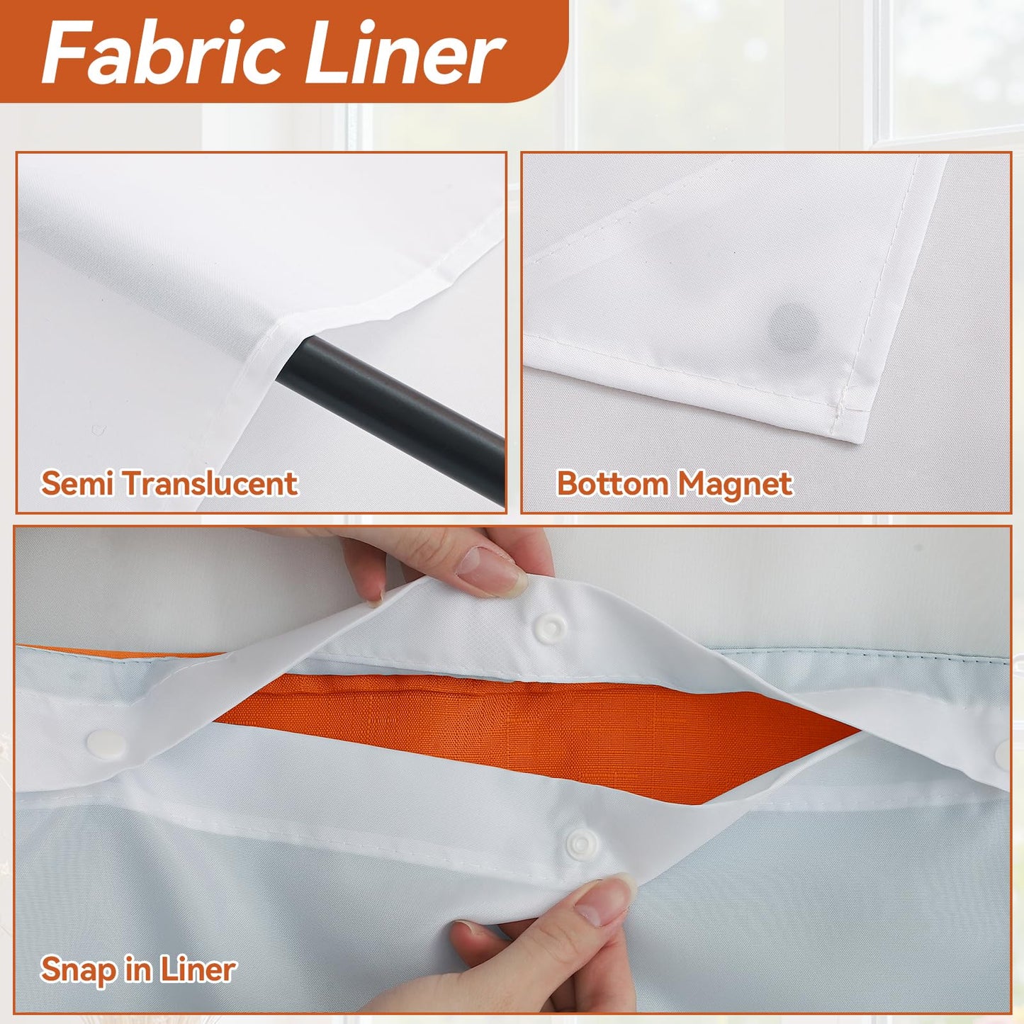 Blotixn Fall No Hook Slub Textured Shower Curtain with Snap in Fabric Liner, Modern Hotel Style with See Through Top Window, Orange Fabric Outer Curtain & Waterproof Inner Liner, 72 * 75 in