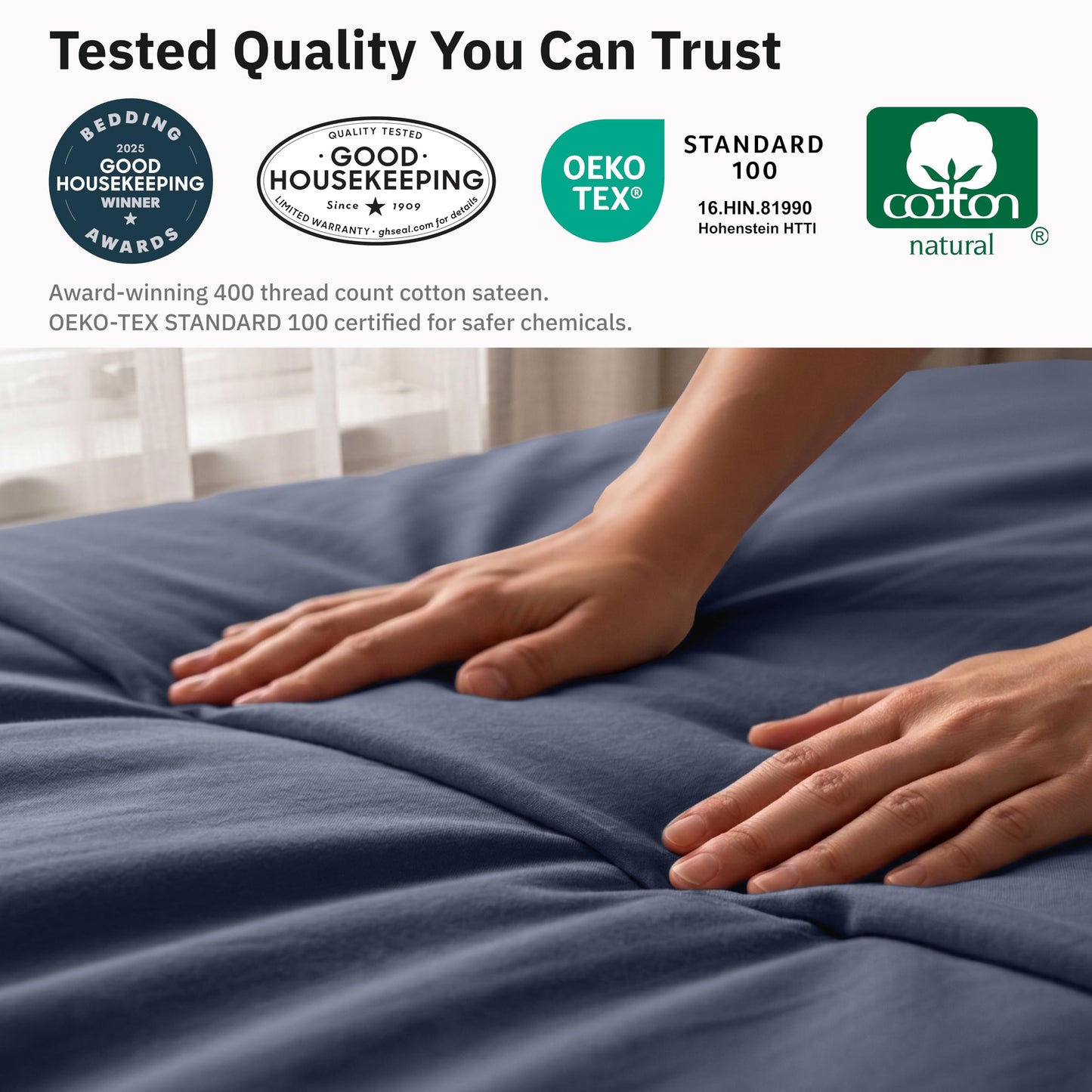 California Design Den 3 Pc King Duvet Cover Set - Winner Good Housekeeping Best Bedding Awards 2025, 400 Thread Count Sateen, 100% Cotton Duvet Cover, Button Closure, Corner Ties - Indigo Dusty Blue