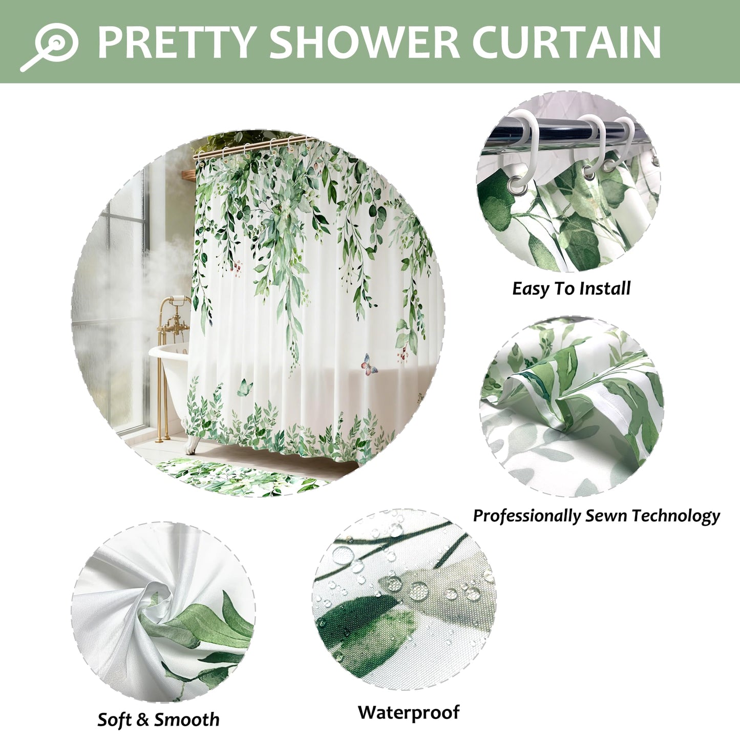 CedarShin 16 Pcs Sage Green Eucalyptus Shower Curtain Set with Rugs, Botanical Leaf Bath Curtains and Quick Absorbent Foam Mats, 120GSM Heavy-Weight Fabric Curtain with 12 Metal Hooks, 72x72 Inch