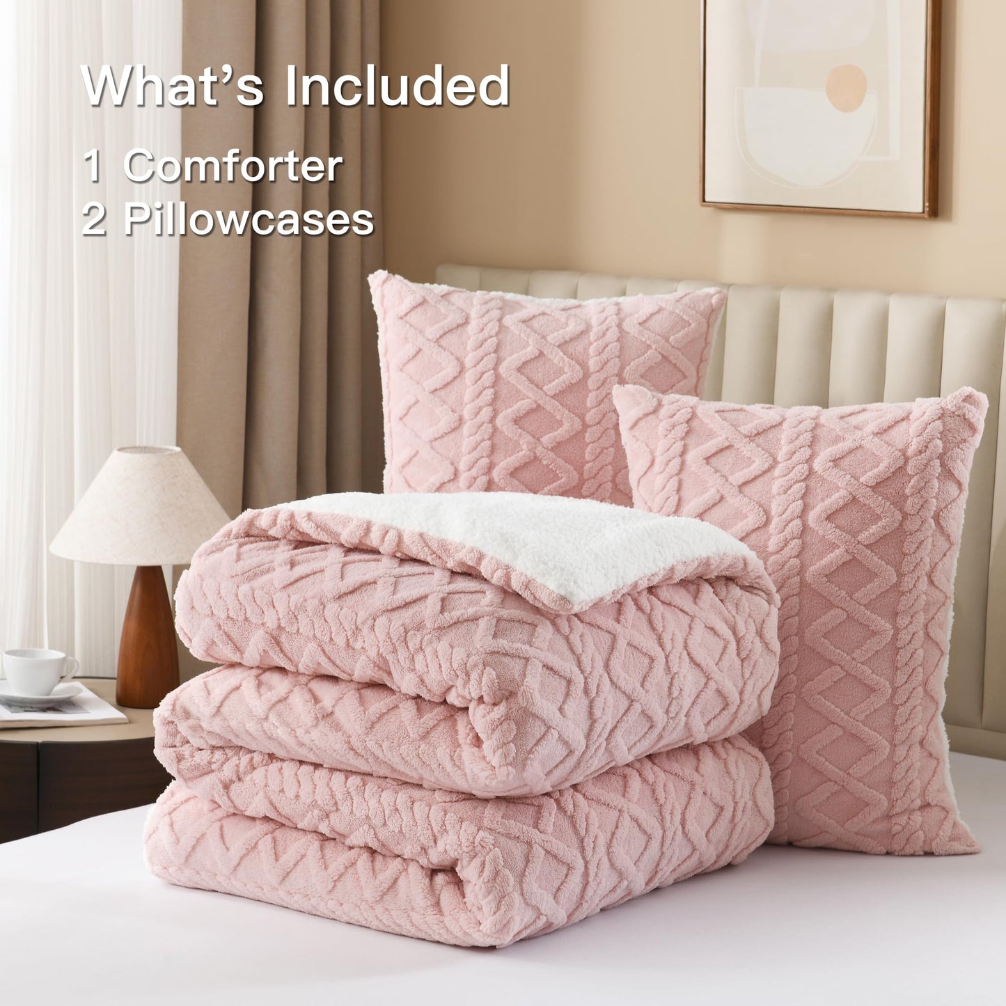 Andency Fluffy Sherpa Full Comforter Set, Super Soft Blush Fleece Warm Bedding for Winter, Luxury Jacquard Boho Thick Fuzzy Plush Bed Set 3 Pieces(1 Shaggy Comforter, 2 Pillowcases)