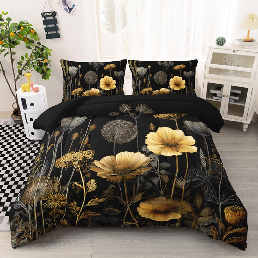AILONEN Dark Meadow Full Comforter Set 3 Piece, Yellow Poppy Bedding Pack, Dandelion Stem Art, Guest Bedroom, 2 Pillowcases