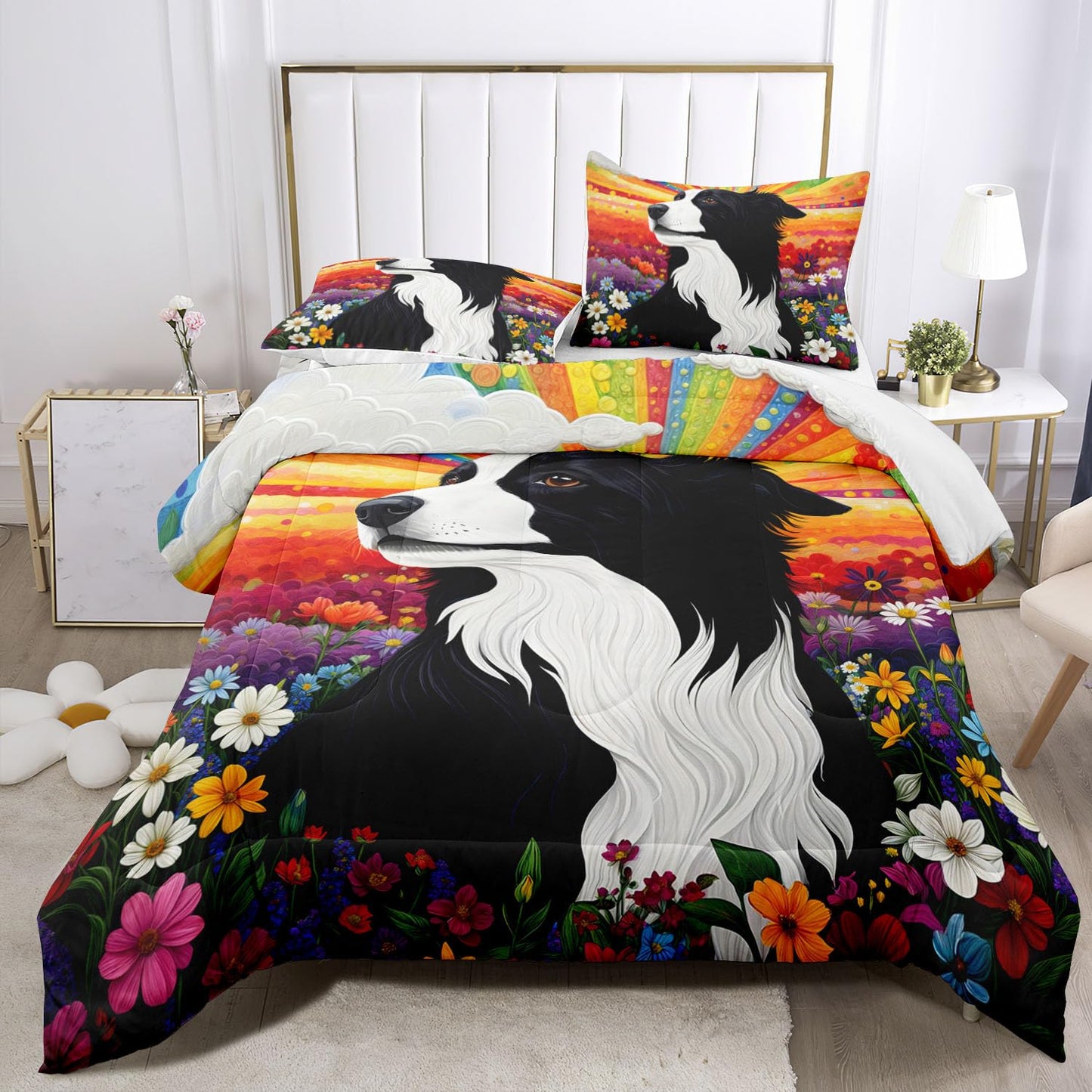 Raphus cucullatus Dog Print Comforter Set,Puppy Quilt Animal Print Bedroom Decor,Dog Bedding Puppy Comforter Set,Animal Print Twin Size Rainbow Bedding Flower Quilt Twin Size