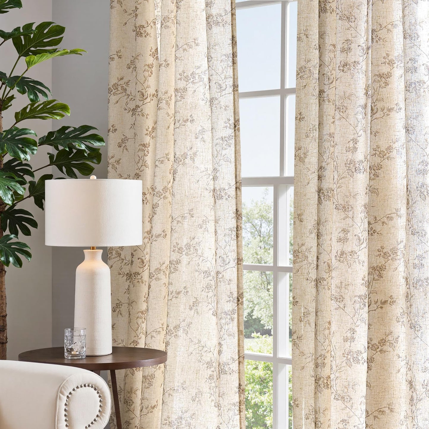 jinchan Linen Floral Curtains 63 Inch Farmhouse Country Flower Drapes Rustic Window Curtains Light Filtering for Living Room Bedroom Laundry Back Tab 2 Panels Taupe on Beige