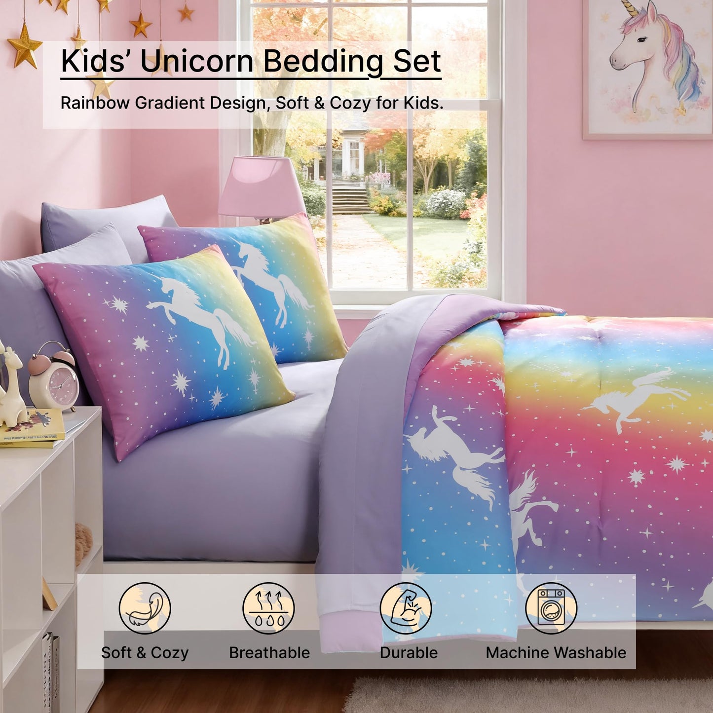 Kaleido Space Twin Comforter Set for Girls, Kids - 5 Pieces Rainbow Unicorn Patterns Twin Bedding Sets for Girls Teen, Soft Cozy Bed in A Bag with Sheets