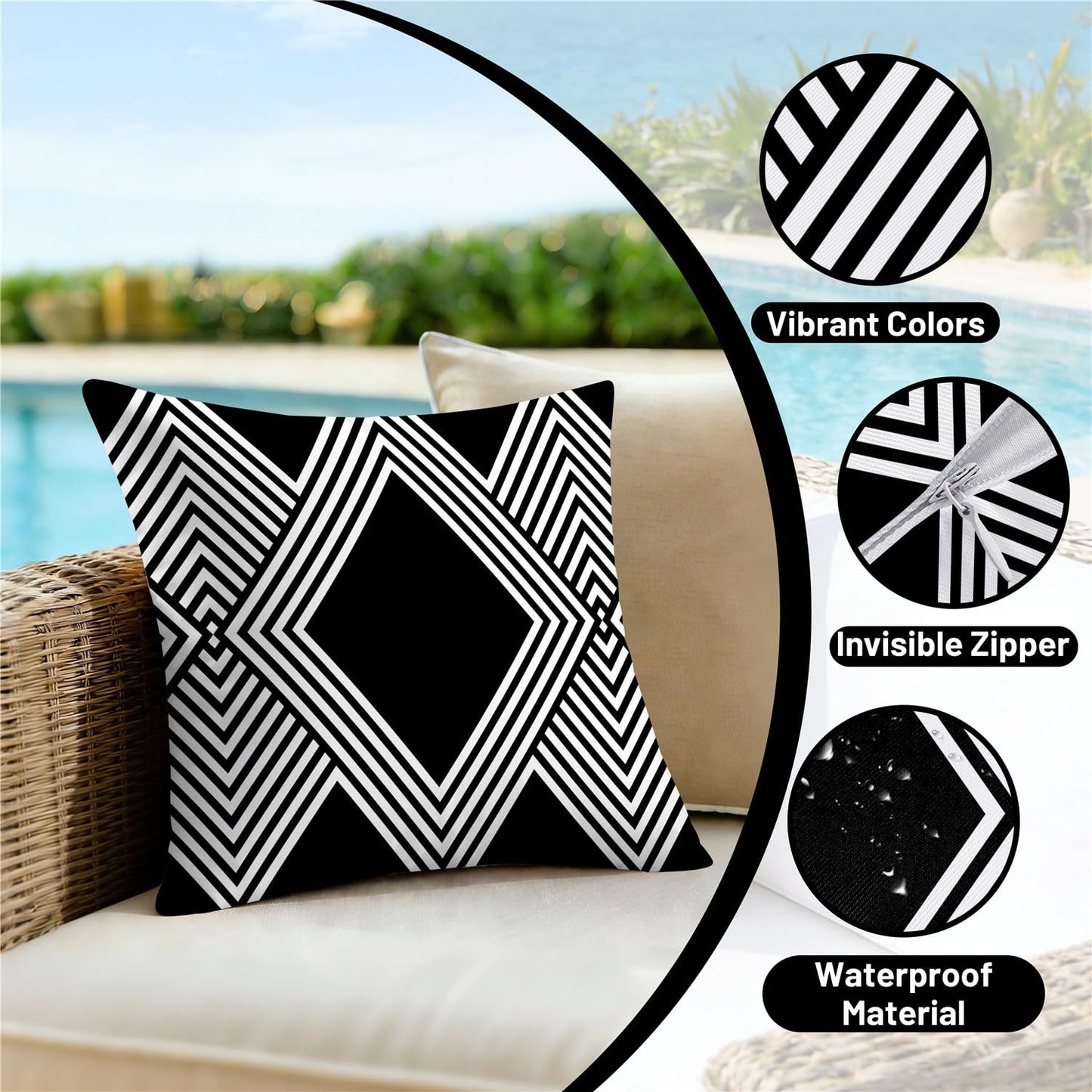NIGHTWISH Outdoor Waterproof Pillow Covers 18x18 Set of 4 Black and White Modern Geometry Decorative Outdoor Throw Pillows Boho Cushion Cases for Patio Furniture Bench Couch Sunbrella