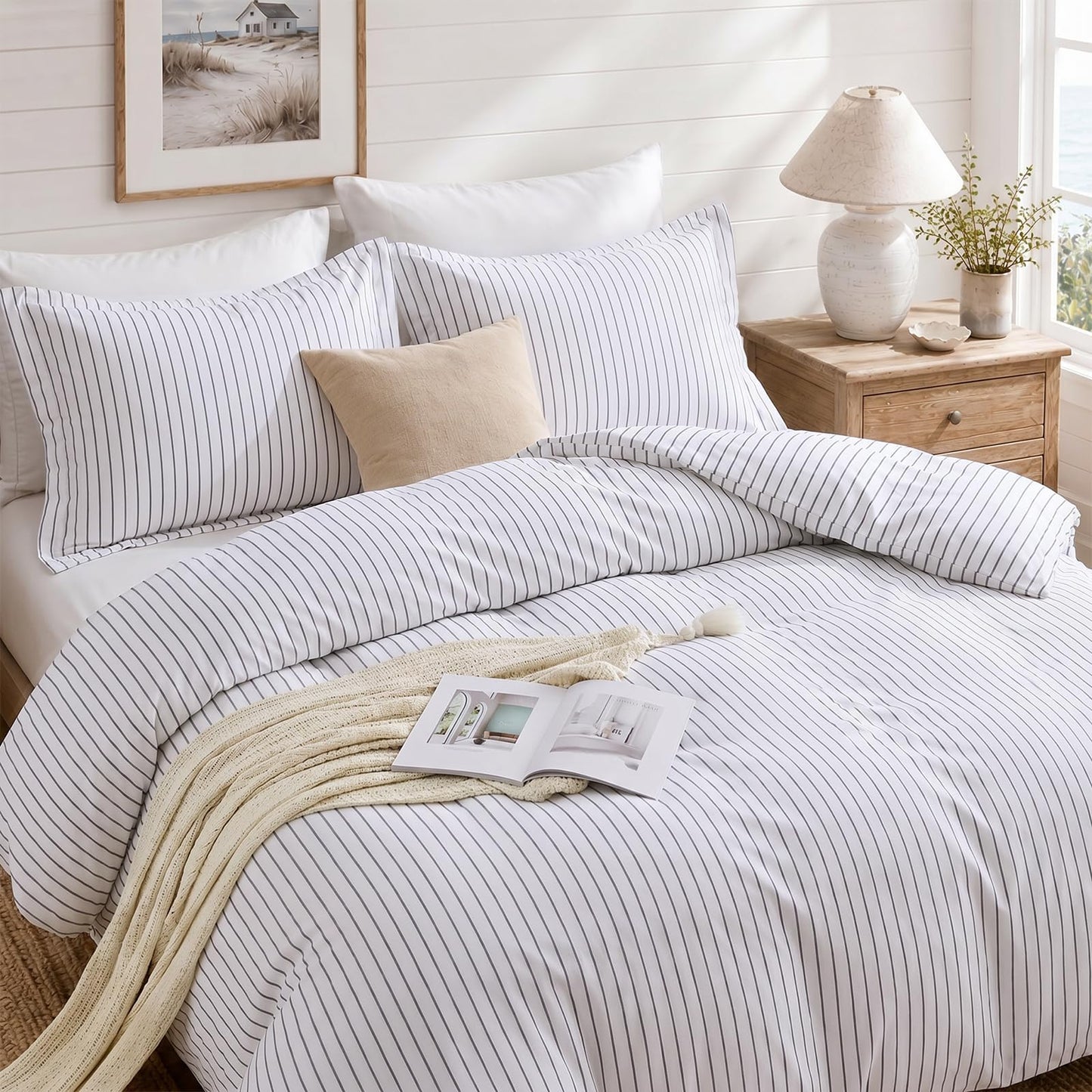 JOLLYVOGUE Striped Duvet Cover Queen, White Duvet Cover with Grey Stripes