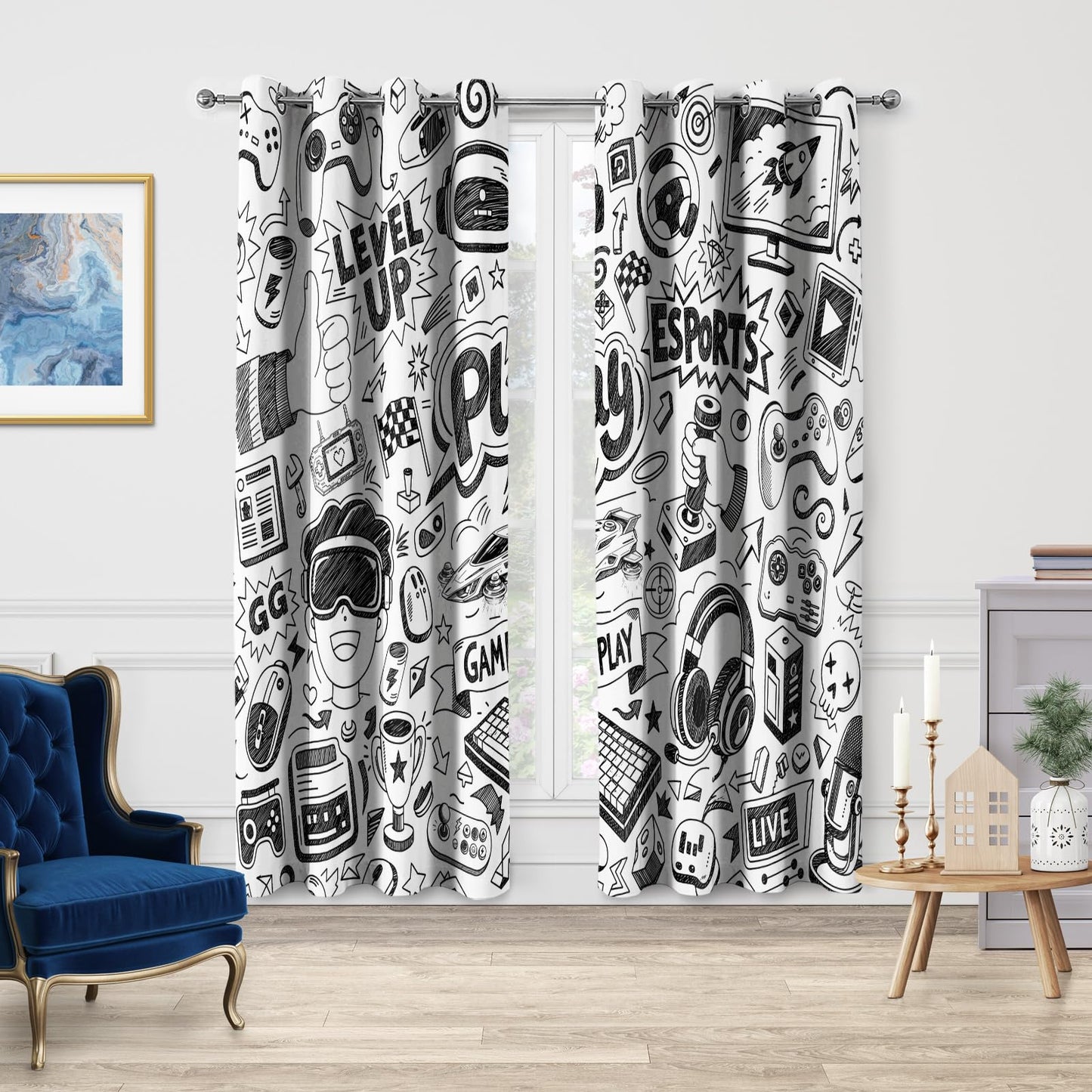 Jekeno Video Gamer Blackout Curtains - Gaming Theme Controller Gamepad Computer Game Drapes Decor Playroom Bedroom Living Room Darkening Grommet Window Treatments 2 Panels Set, Black White 52"x 84"