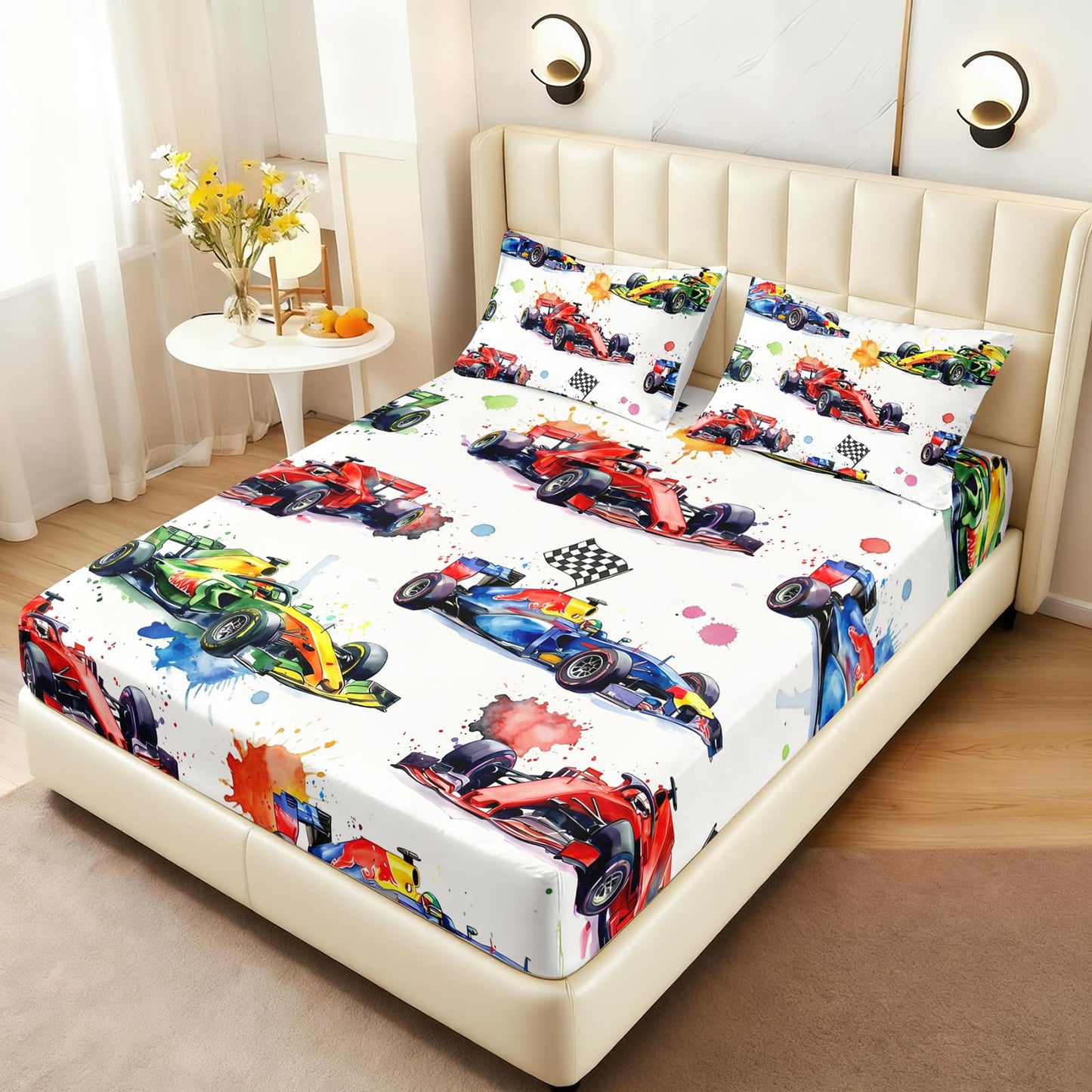 AILONEN Watercolor Race Car Twin Fitted Sheet Set 3 Piece,Artistic Sports Vehicle Bedding with 2 Pillowcases,Paint Splatter Linens for Boys Kids,16 Inch Deep Pocket Microfiber