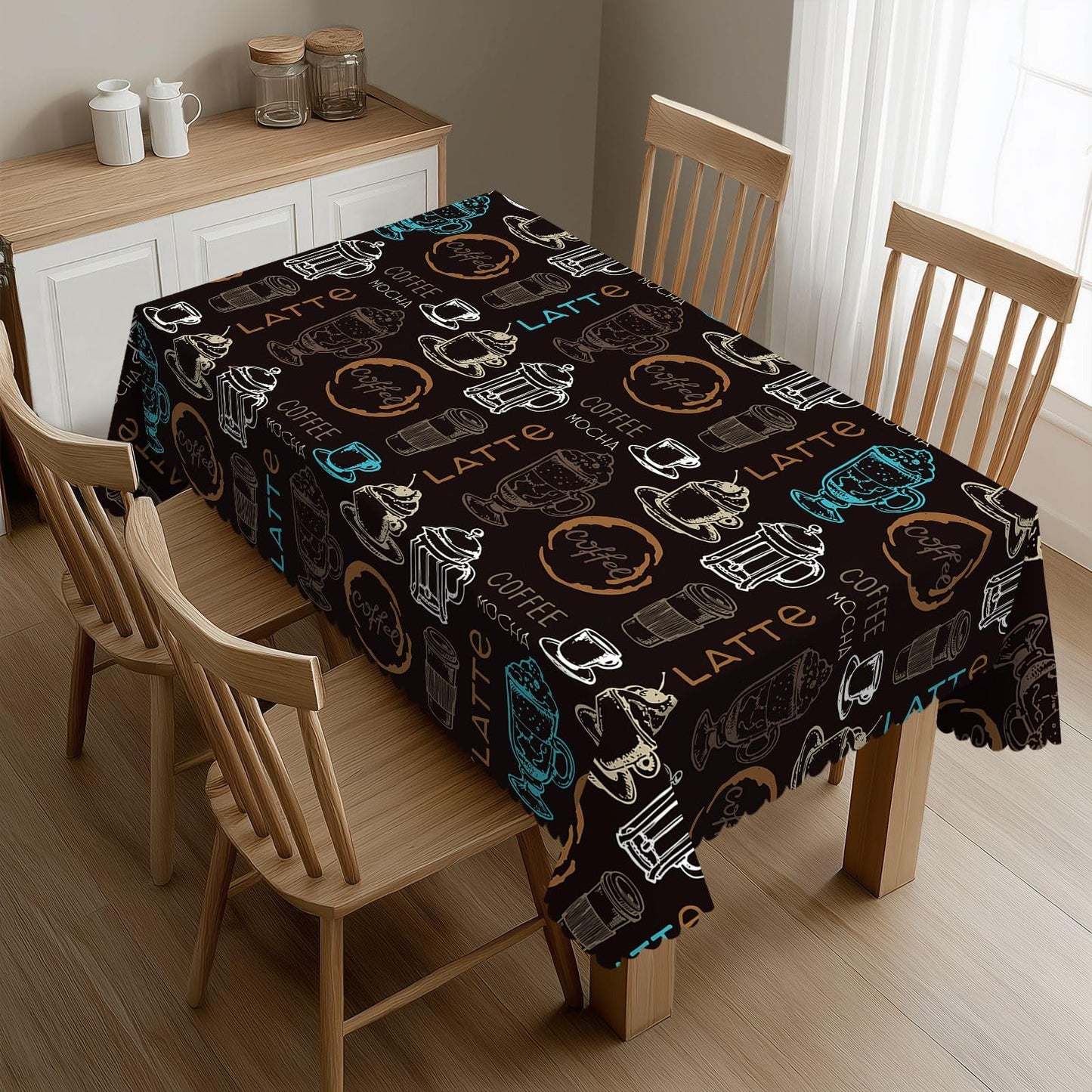 DRAVVIX Doodle Coffee Pattern Rectangular Tablecloth Latte Coffee Table Cloth with Wavy Lace Decoration Polyester Table Cover for Dining, Parties 54x72 inch