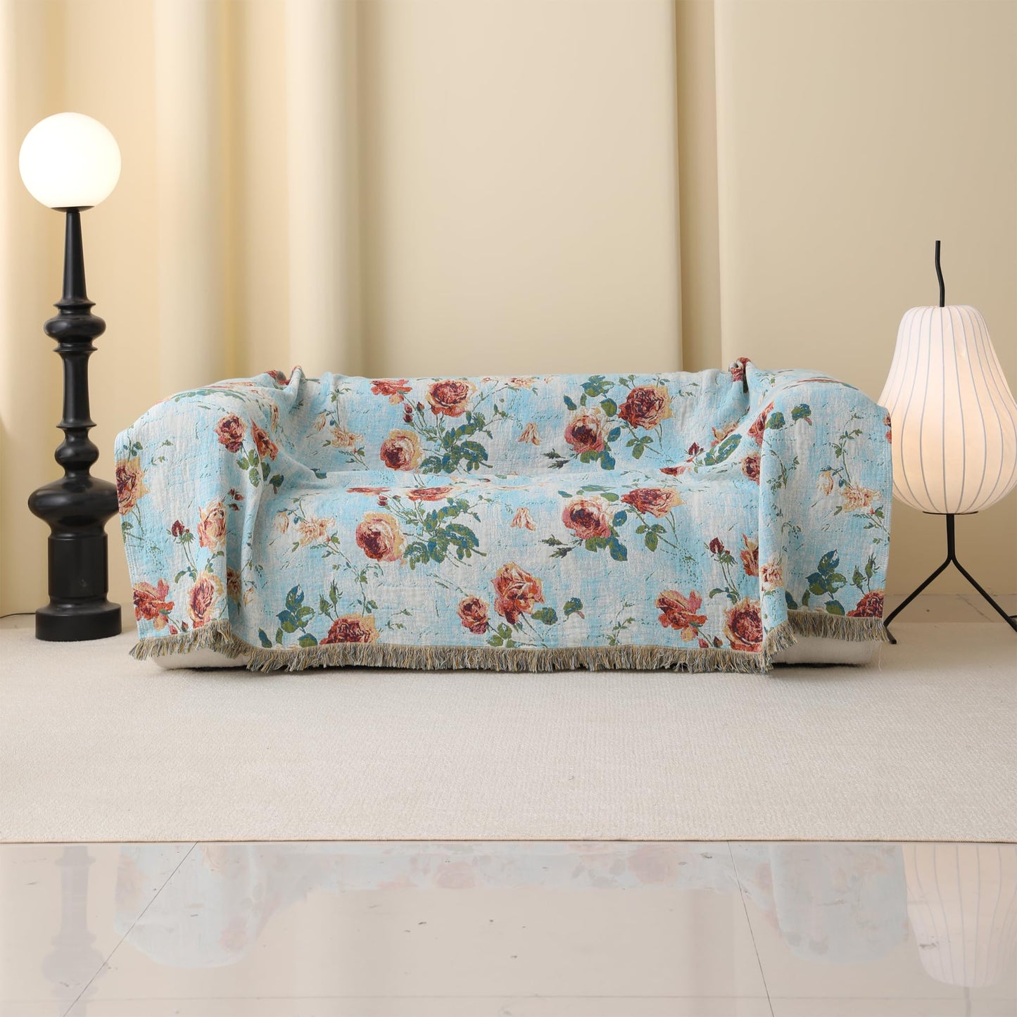 BRYALIX 100% Cotton Muslin Floral Throw Blanket, Blue with Rose Pattern, Lightweight Quilt, Boho Farmhouse Decorative Fringed Reversible Jacquard Throw for Home, Picnic, Travel, 60"x80"
