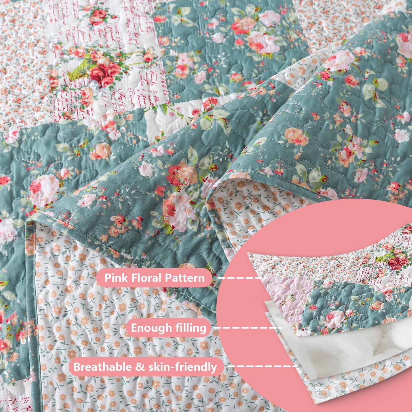 BEDIFANY French Style King Size Quilt Set for Farmhouse - 3 Pieces Cotton Filling Garden Lightweight Bedspreads King with Floral Pattern - All Season Quilt Bedding Sets for Decorations