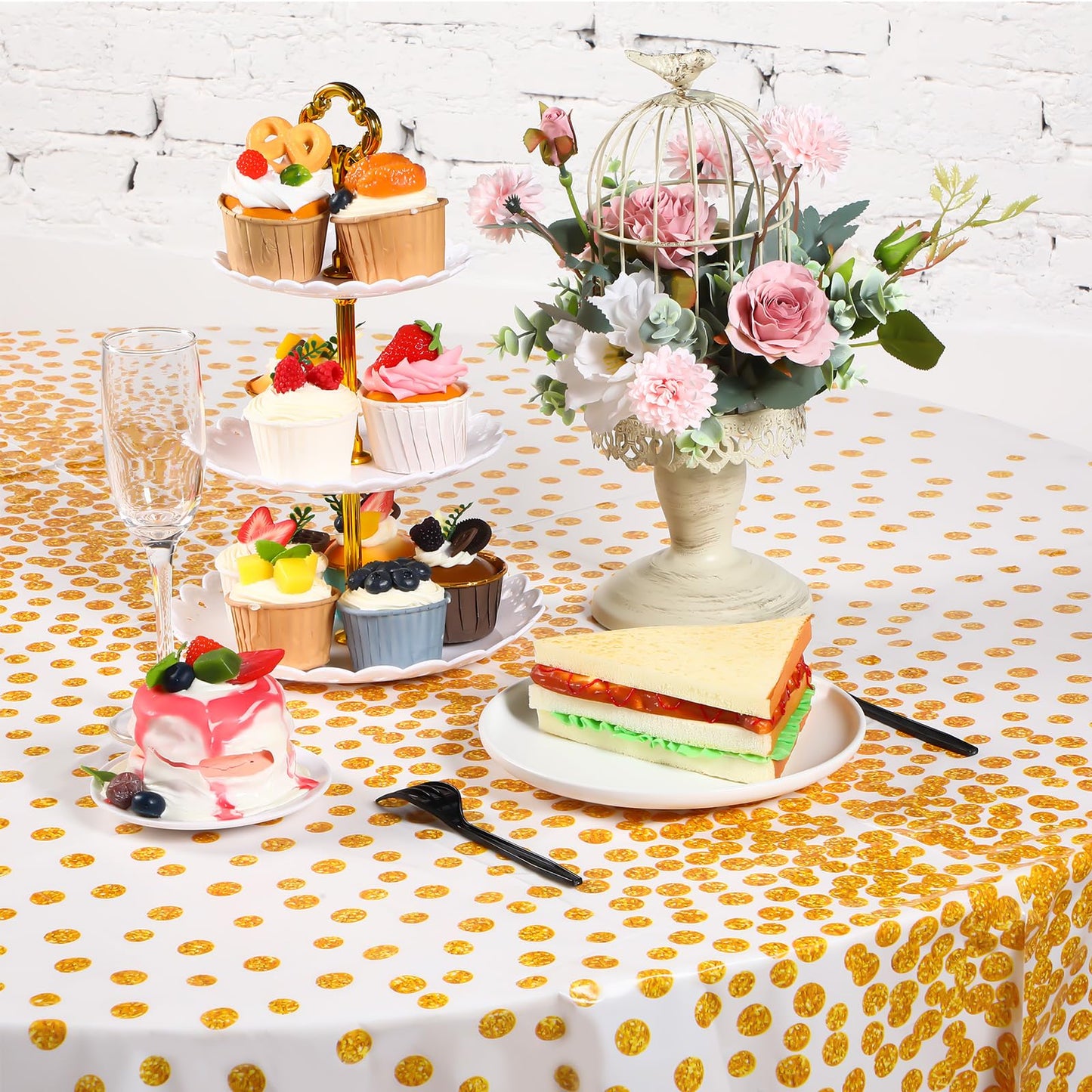 VitalCozy Round Dot Tablecloth 84 Inch Plastic Table Cover Polka Dot Confetti Tablecloths for Easter 2026 Graduation Prom Wedding Birthday Spring Party Supplies(White and Gold,3 Pcs)