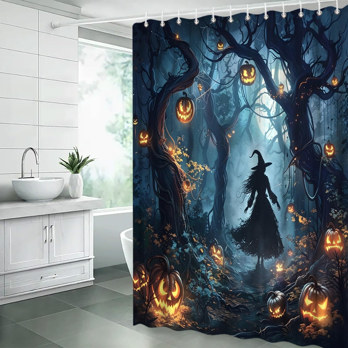 DSMEUE Halloween Witch Shower Curtain,Spooky Haunted Forest with Pumpkin Decor for Bathroom,Dark Gothic Blue Orange Fabric Curtain with Hooks,70x70 Inch