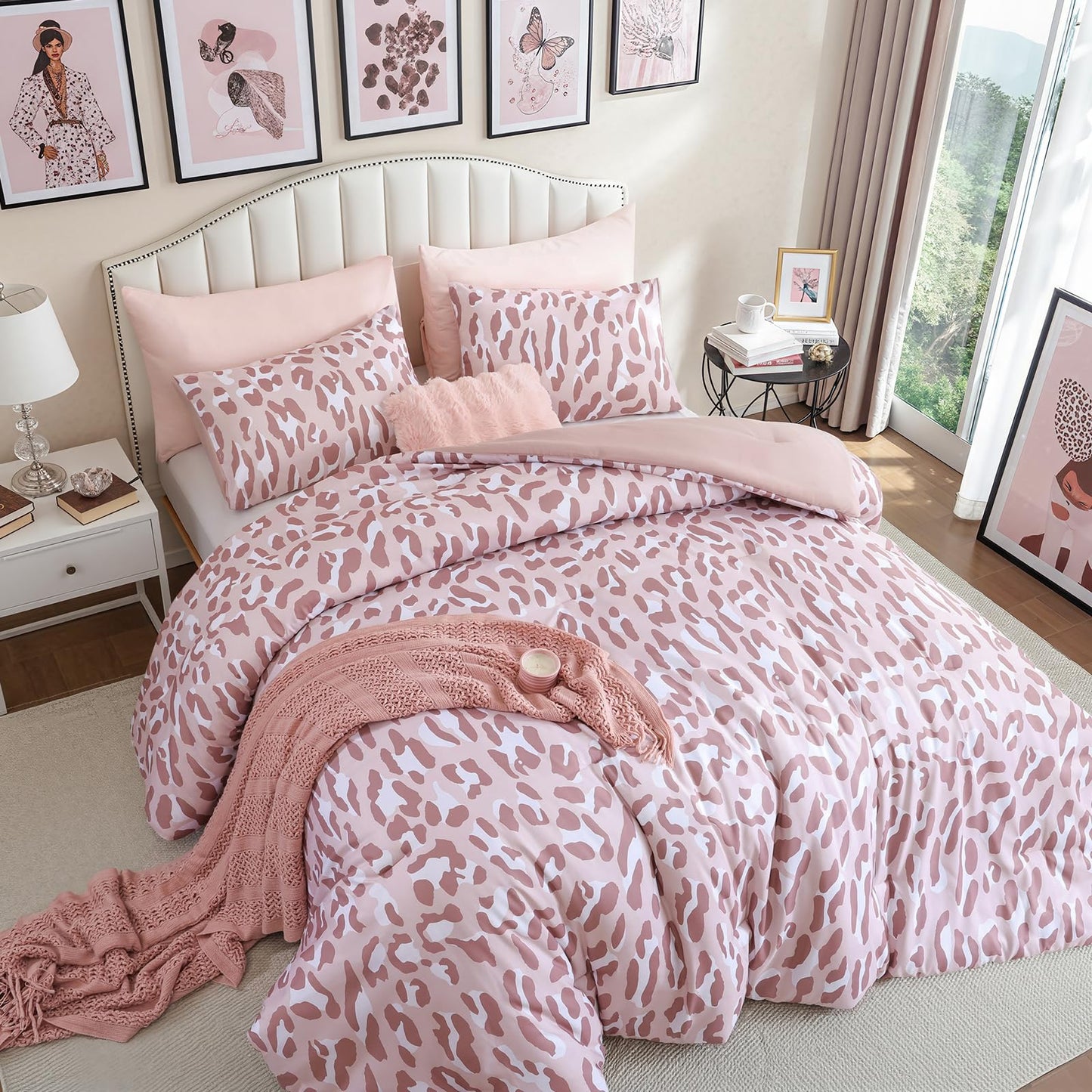 JANZAA Leopard Print Comforter Set King Size - 3 Pieces Animal Cheetah Printed Comforter Set, Cozy Soft Fluffy Pastel Pink/Floral Print Bedding Set with 2 Pillowcases for All Season