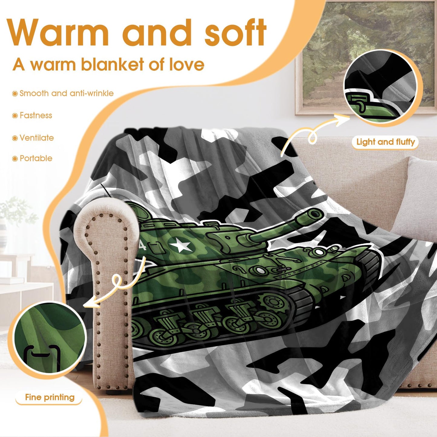 Hohoto Camouflage Tank Throw Blanket, Gifts for Boys Teens Men Veterans, Soft Cozy Blanket for Couch Sofa Bed, Lightweight Warm Decor Throw for Living Room Bedroom, Dorm Travel Nap Blanket, 50"x60"