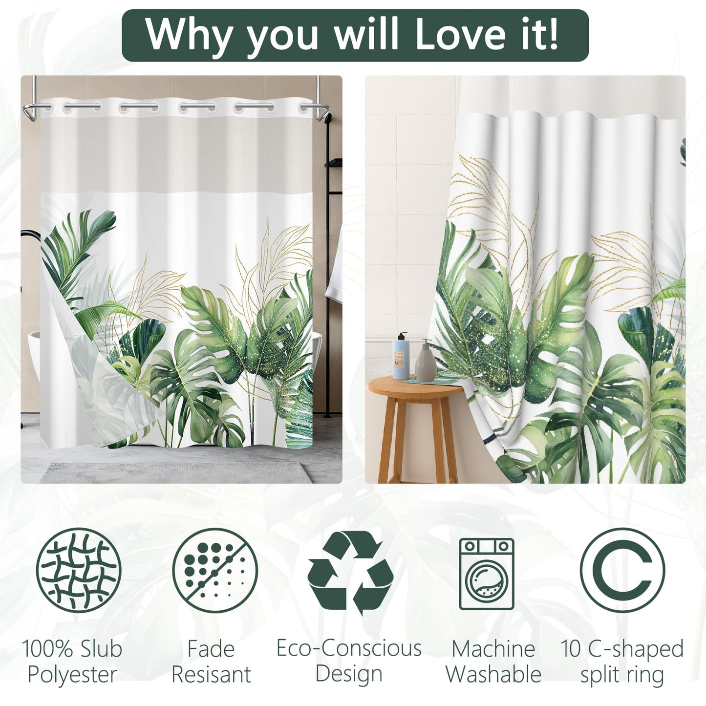 NAEMBCU No Hook Shower Curtain with Snap-in Liner 71x74 Inch