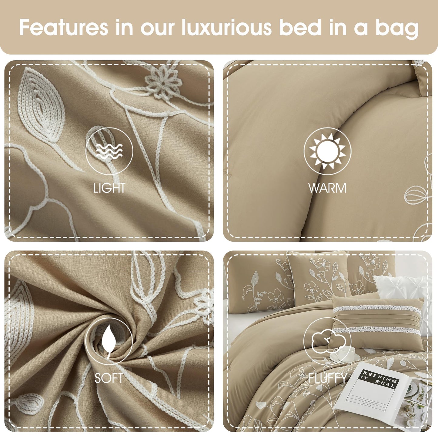 Grand Avenue 7 Piece Taupe Comforter Set, King Size Chain Stiching Embroidery Bedding, All Season Floral Leaves Bedding Set, Bed Skirt, Pillows & Shams