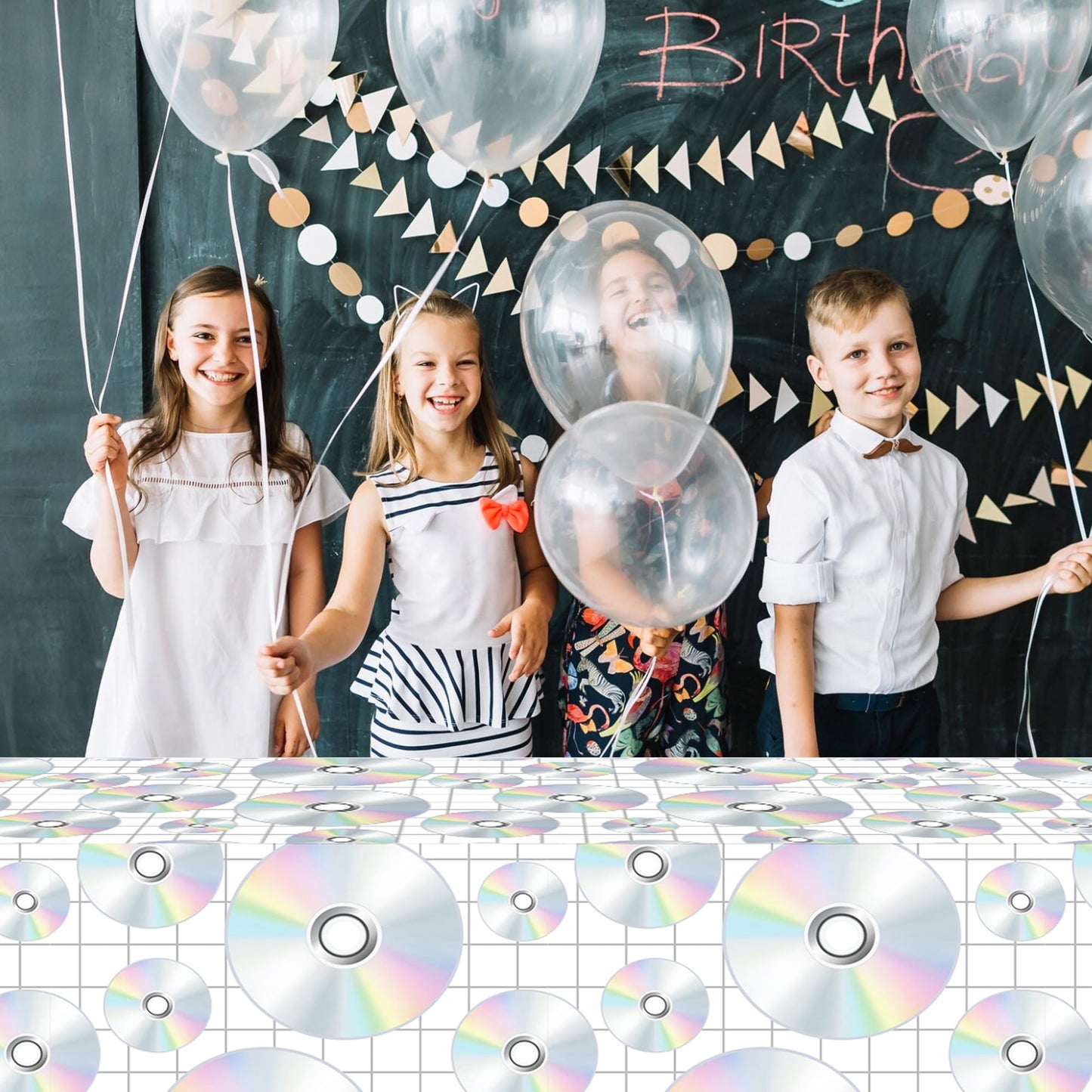 CC HOME 1Pc CD Disc Party Plastic Tablecloth 54 x 87 Inch Long Table Cover, CD Disc Music Party Tablecover for Music Festival Theme Kids Baby Shower Birthday Dinner Picnic Kitchen Event