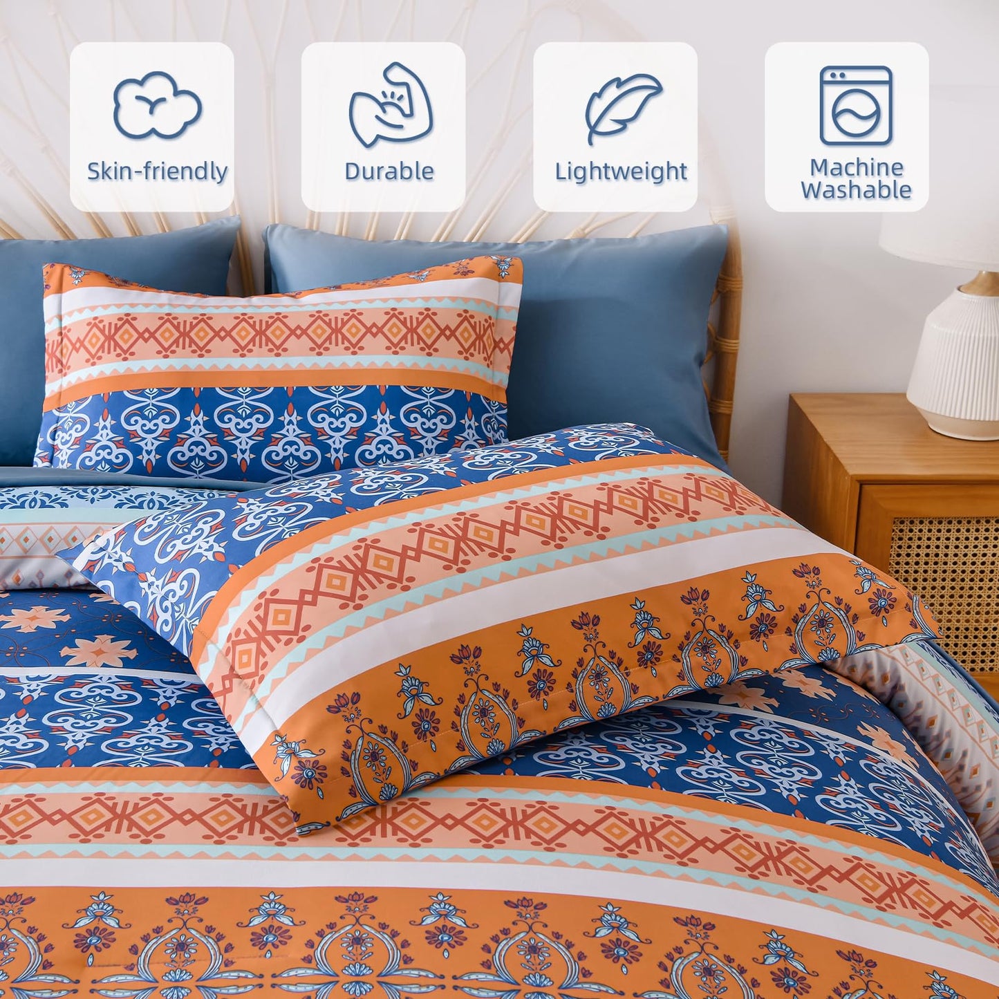 WONGS BEDDING Boho Comforter Set Queen, Blue and Orange Bedding Set 7 Pieces Bed in a Bag Bohemian Striped Bedding Comforter Sets Soft Microfiber Comfortet and Sheet Set for All Season