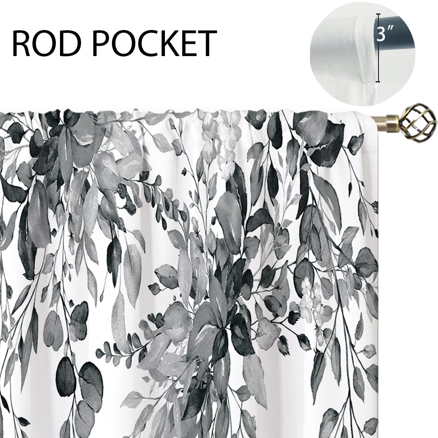oolygoo Eucalyptus Botanical Leaves Grey Floral Kitchen Window Curtains Over Sink Farmhouse Flower Leaf Small Window Treatment Cafe Short Curtains for Bathroom Treatment Tier Drapes 27.5x39 inch