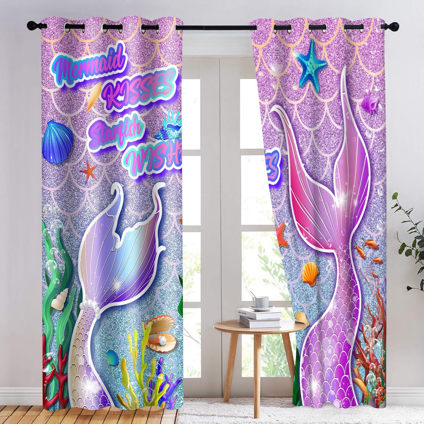 HIYSMT Mermaid Curtains for Girls Bedroom,4284inch Rainbow Fantasy Shining Fairy Fish Tail Little Mermaid Blackout Curtain,Princess Ocean Drapes for Kids Room,2 Panels HI03DX