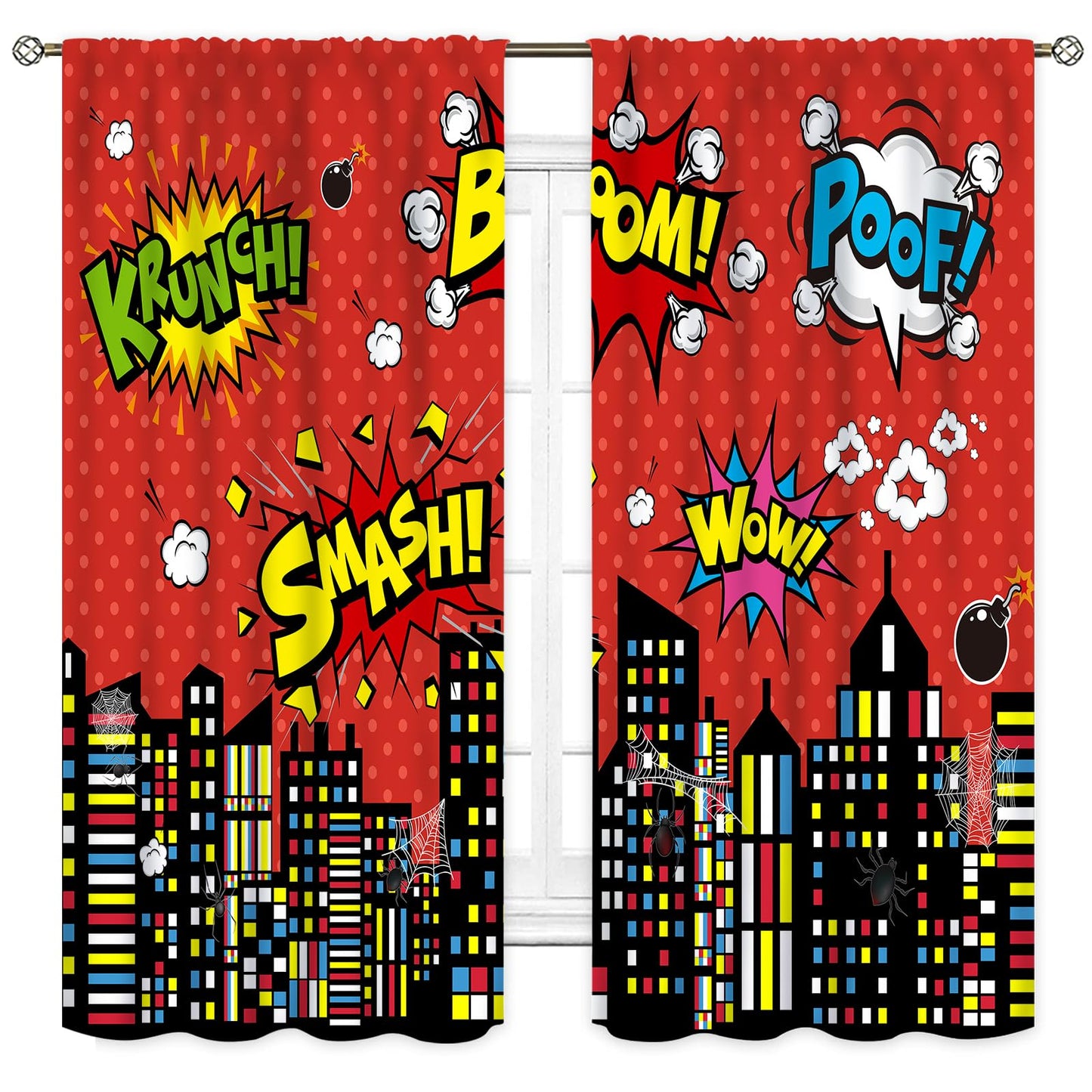 Superhero City Curtains for Boys Kids Teens, Red Spider Web Cityscape Buildings Cartoon Comic Blackout Window Curtains for Baby Room Bedroom Living Nursery 2 Panel Sets, 42"x45" Inch